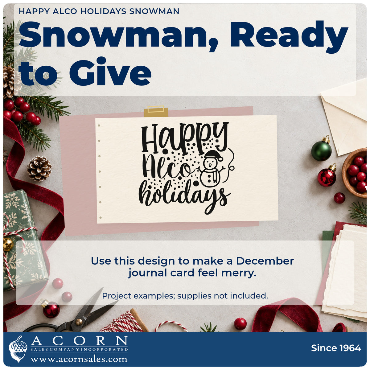 A finished handmade project stamped with the Happy Alco Holidays Snowman Self-Inking Stamp, ideal for party night album.