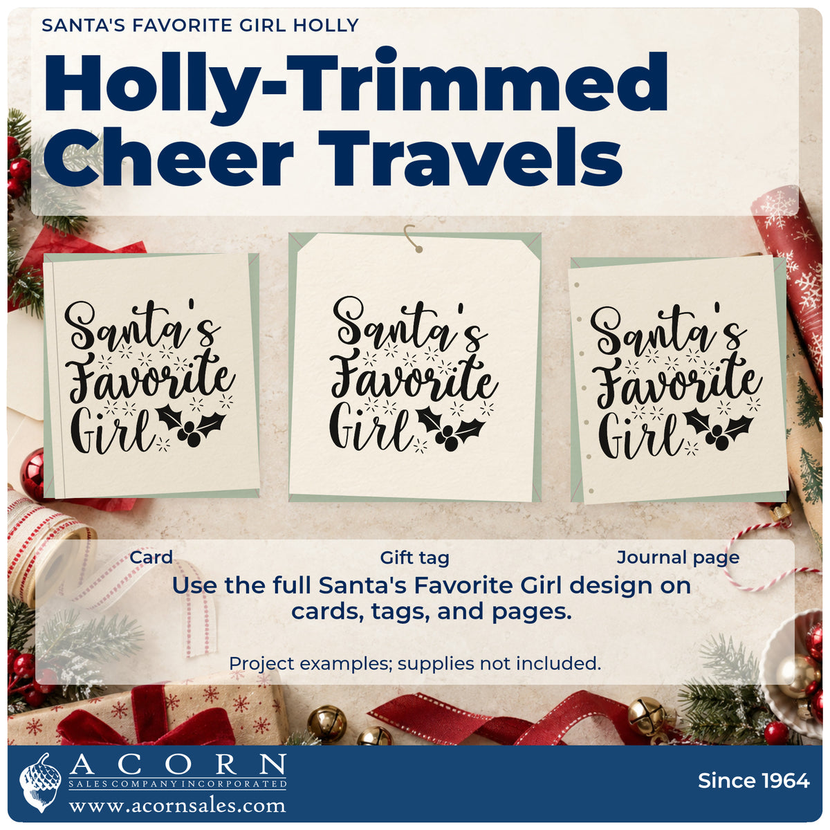 Three project examples made with the Santa's Favorite Girl Holly With Sparkles Stamp – Premium Vintage Pro Wooden, including wish list sheet.