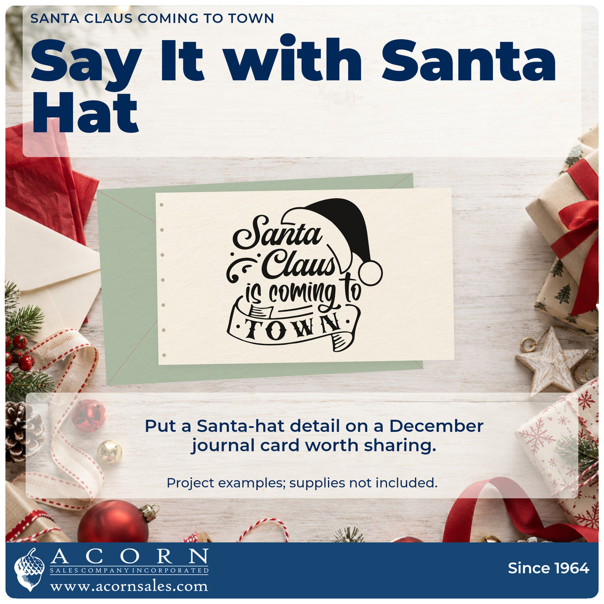 A finished handmade project stamped with the Slim Pre-Inked Santa Claus Is Coming To Town Stamp, ideal for event album page.