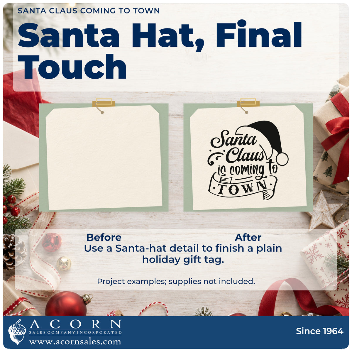 Before and after of a plain item finished with the Santa Claus Is Coming To Town Self-Inking Craft Stamp, a quick upgrade for framed mall backdrop.