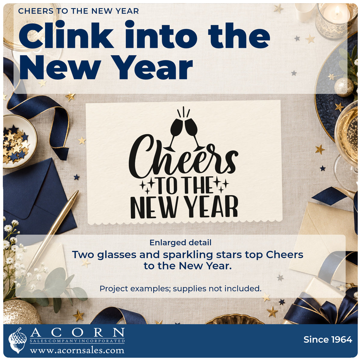 Enlarged detail of the Cheers To The New Year With Stars Pre-Inked Stamp – Slim imprint. Two clinking glasses top "Cheers to the new year" with sparkling star accents.