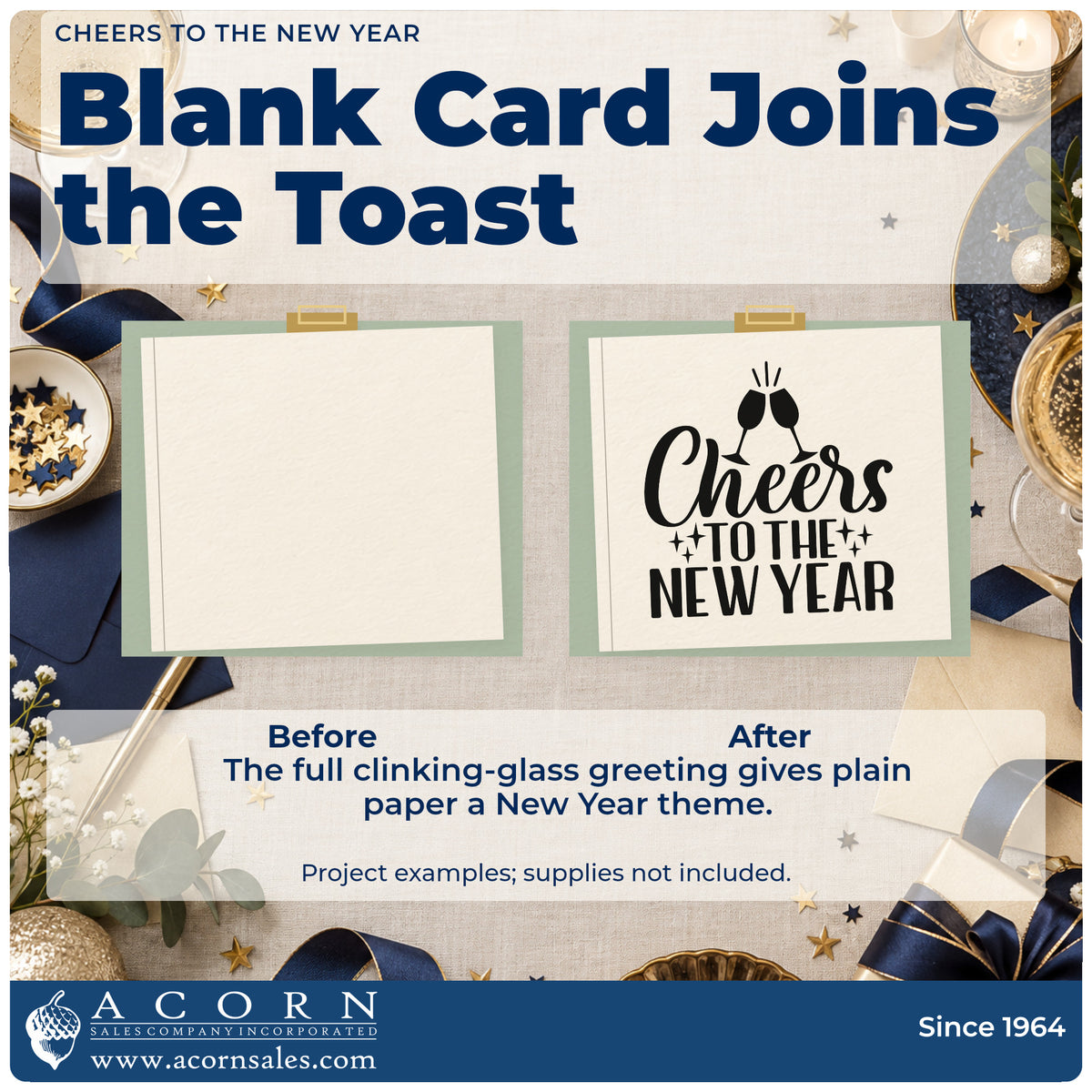 Before and after of a plain item finished with the Cheers To The New Year With Stars Pre-Inked Stamp – Slim, a quick upgrade for framed bar mirror.