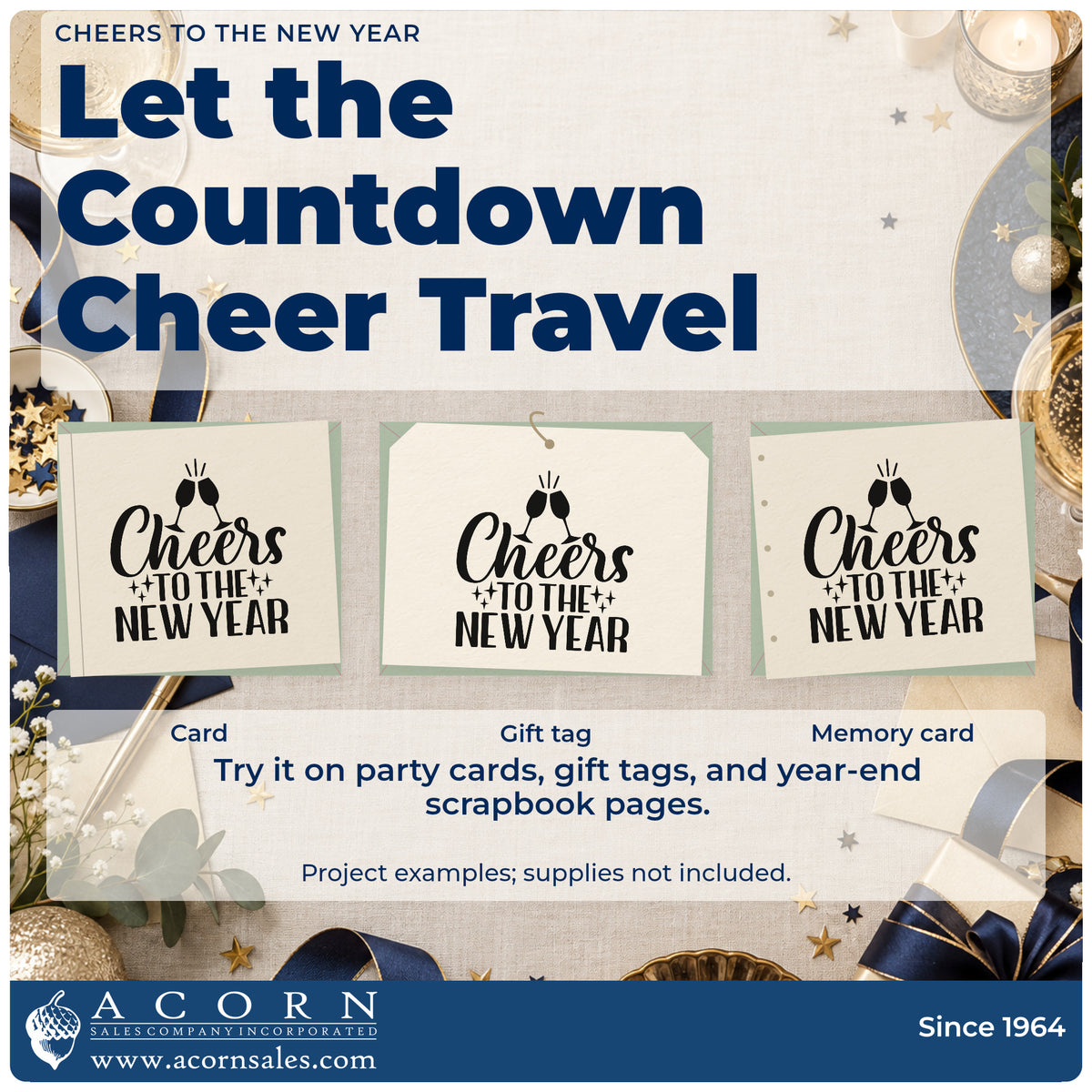 Three project examples made with the Premium Wooden Cheers To The New Year With Stars Stamp – Vintage Pro, including guest toast sheet.