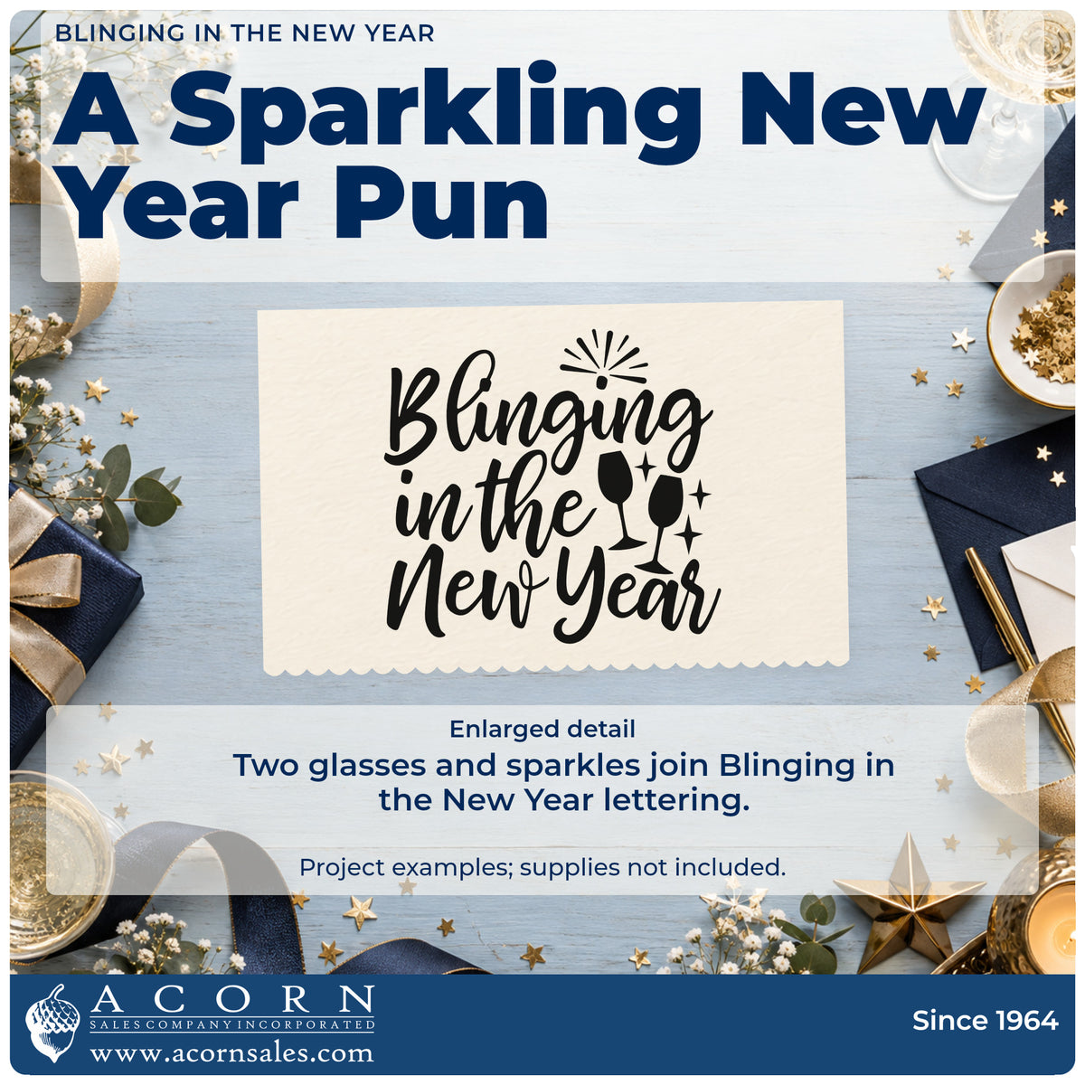 Enlarged detail of the Self-Inking Blinging In The New Year Glasses Stamp imprint. The phrase "Blinging in the new year" includes two glasses and sparkling accents.