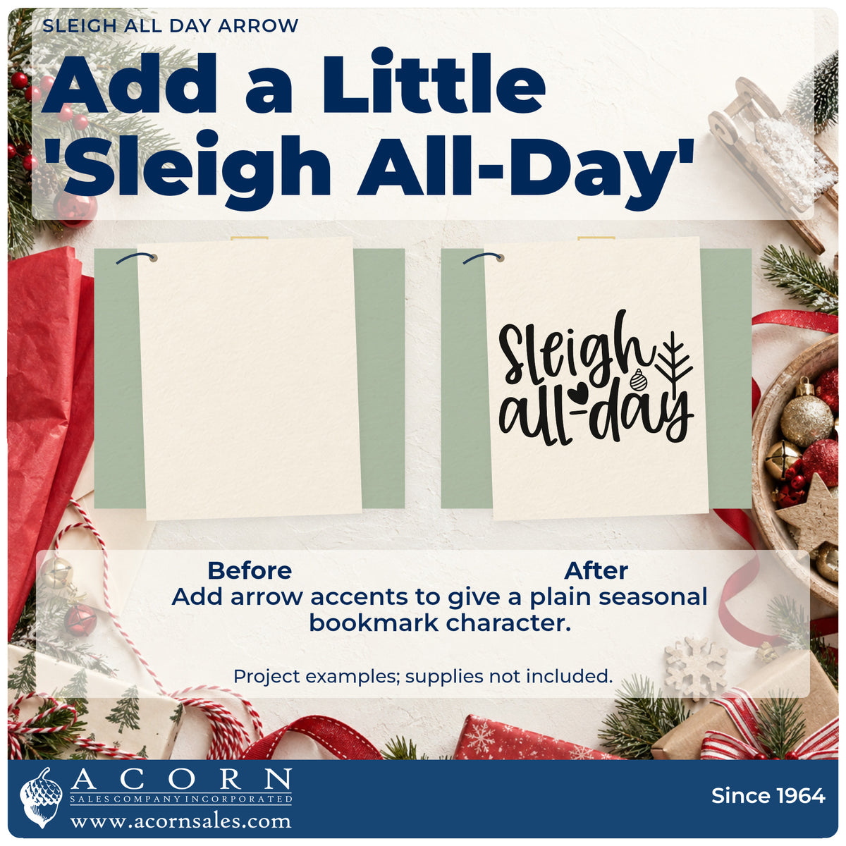 Before and after of a plain item finished with the Sleigh All Day Arrow Ornaments Stamp – Self-Inking, a quick upgrade for tee pocket printing.