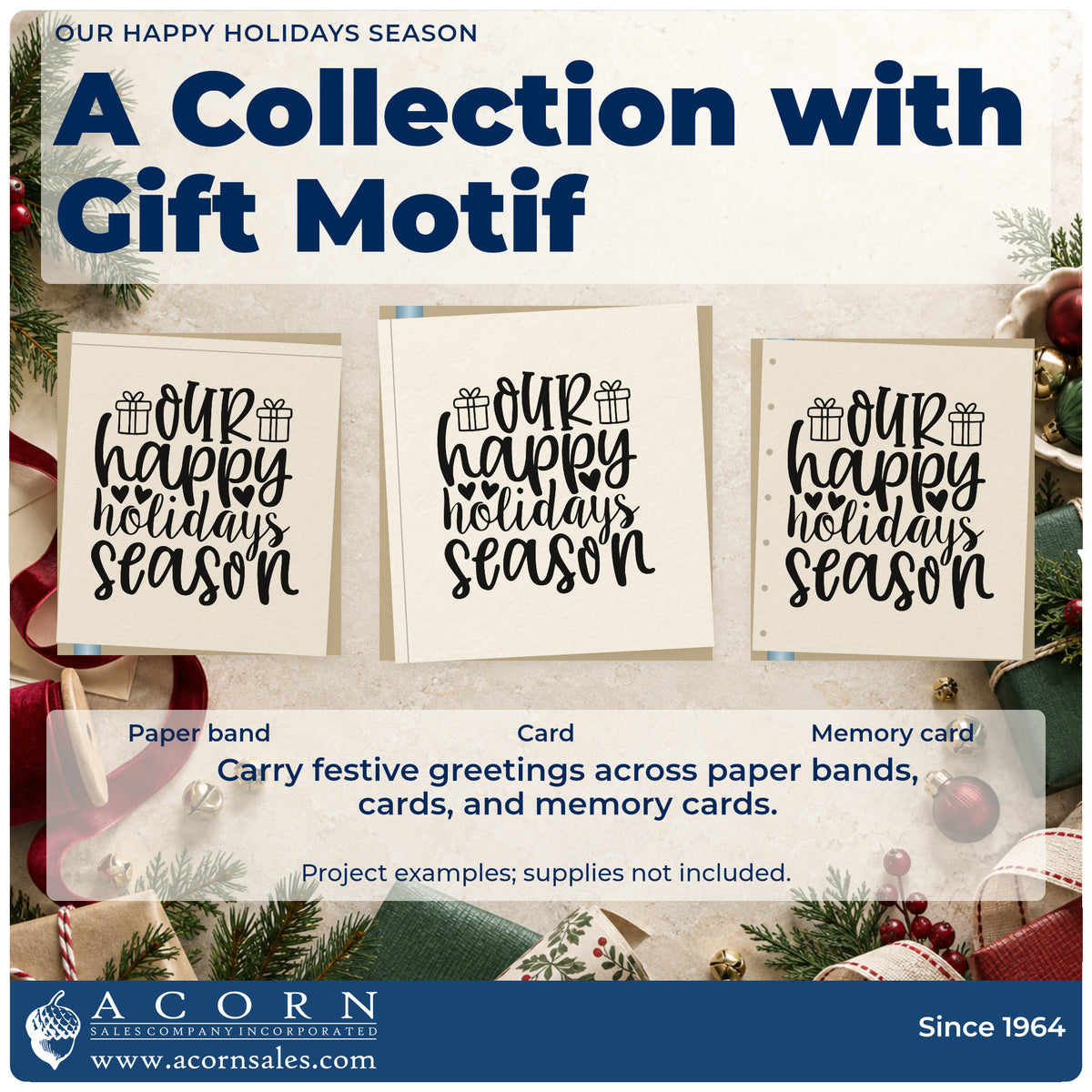 Three project examples made with the Our Happy Holidays Season Gift Box Wood Handle Stamp, including exchange list sheet.