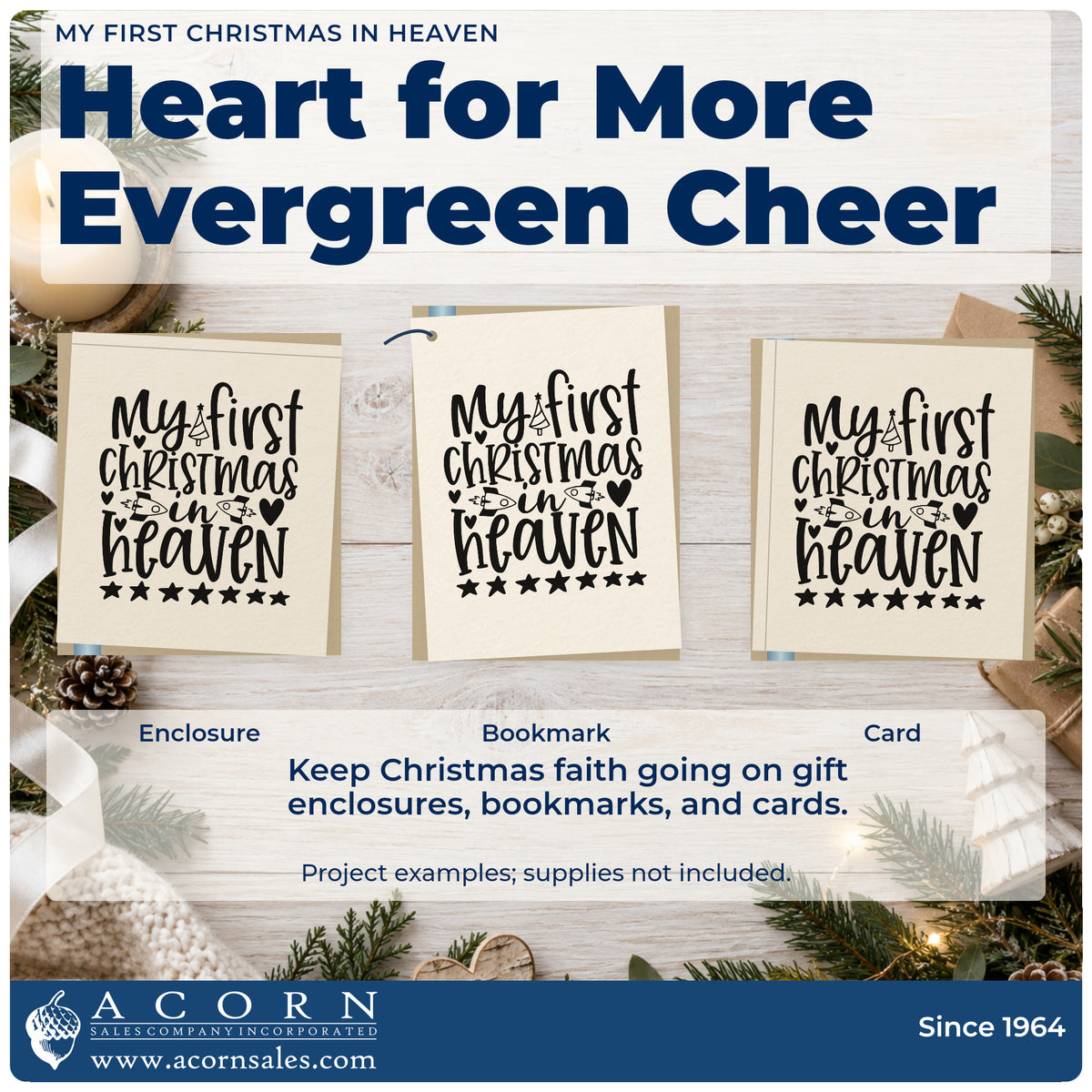 Three project examples made with the My First Christmas In Heaven Tree Motif Stamp – Self-Inking, including memory note sheet.
