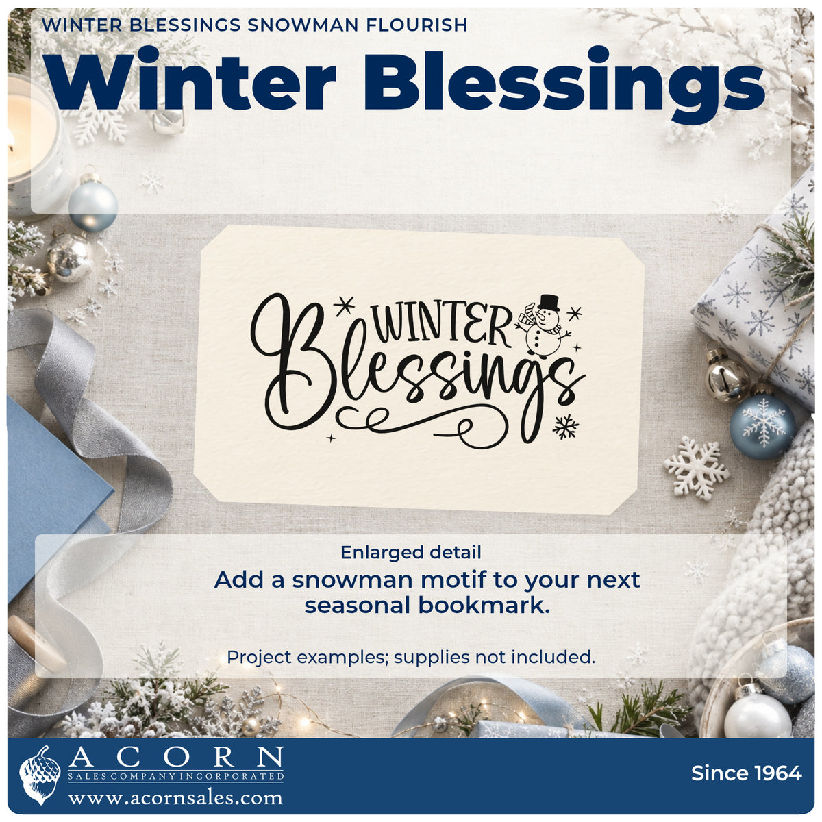 Enlarged detail of the Winter Blessings Snowman Flourish Premium Wooden Stamp – Vintage Pro imprint. The words "Winter blessings" appear with a snowman, snowflakes, and flowing flourishes.