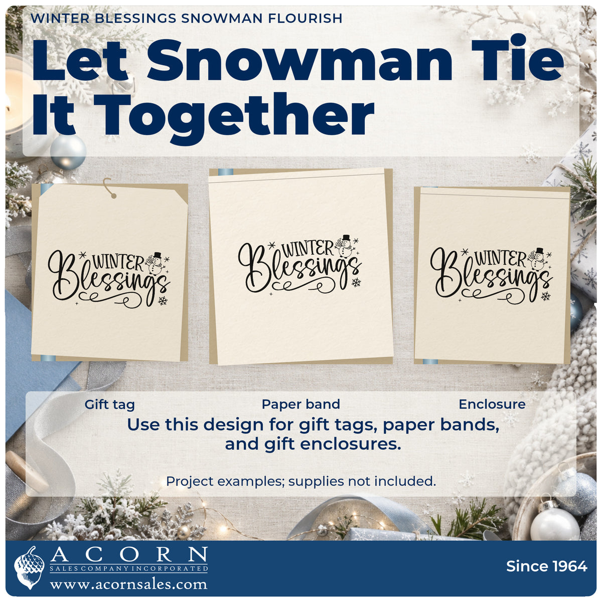 Three project examples made with the Winter Blessings Snowman Flourish Self-Inking Stamp, including blessing count sheet.