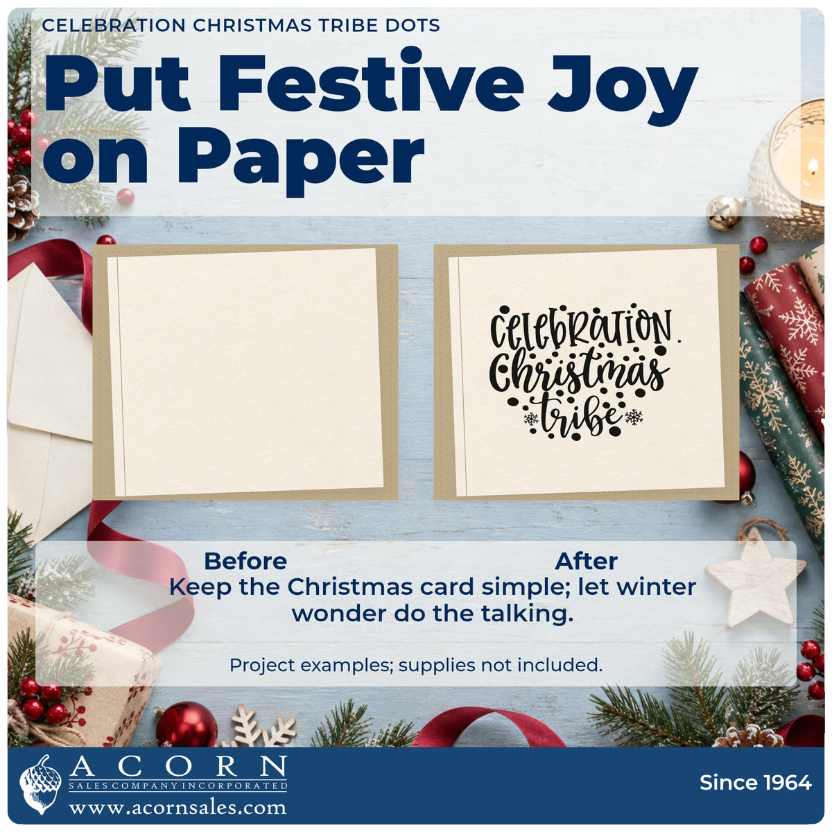 Before and after of a plain item finished with the Celebration Christmas Vibes Dots Snowflakes Rubber Stamp – Wood Handle, a quick upgrade for framed dining nook.