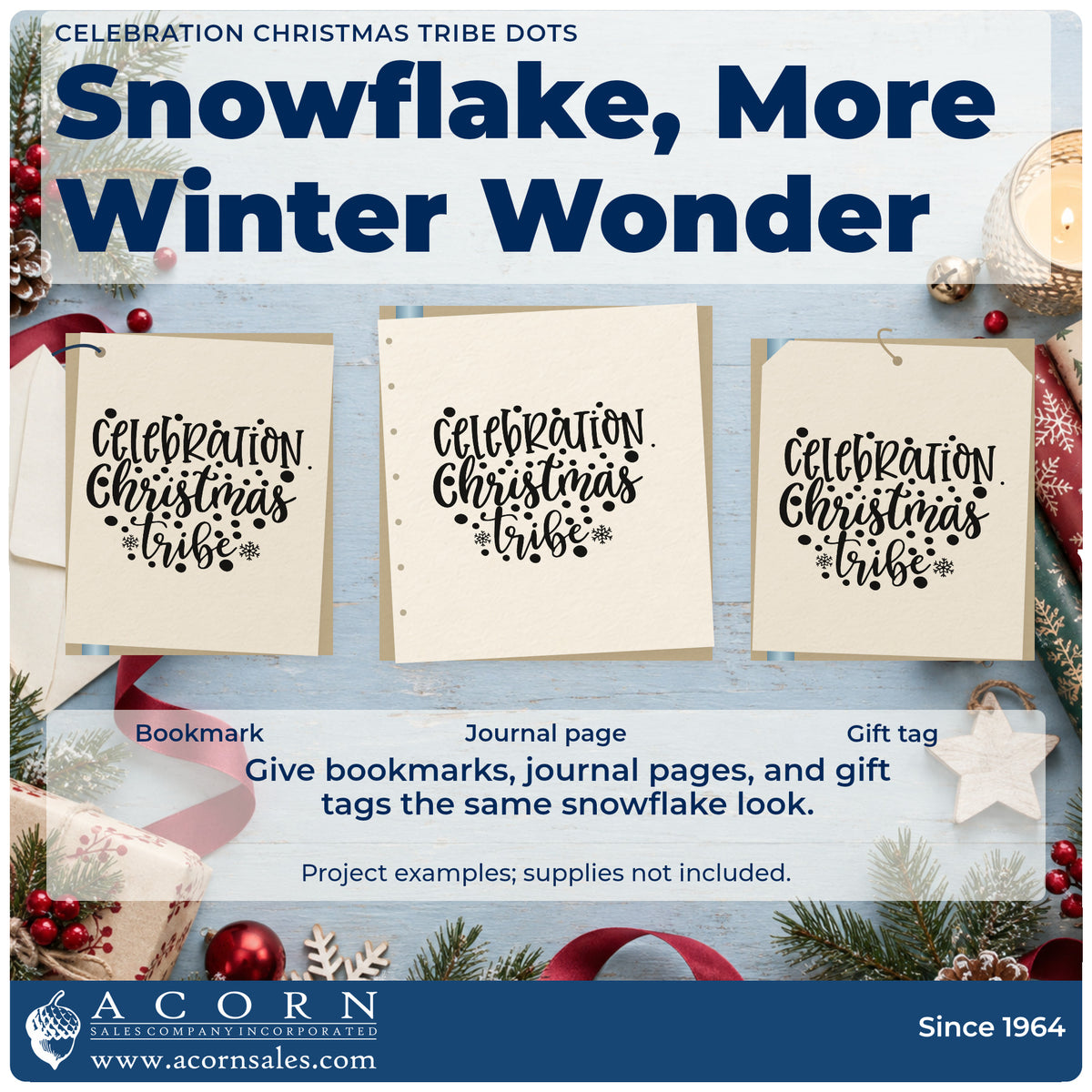 Three project examples made with the Celebration Christmas Vibes Dots Snowflakes Pre-Inked Stamp – Slim, including event plan sheet.