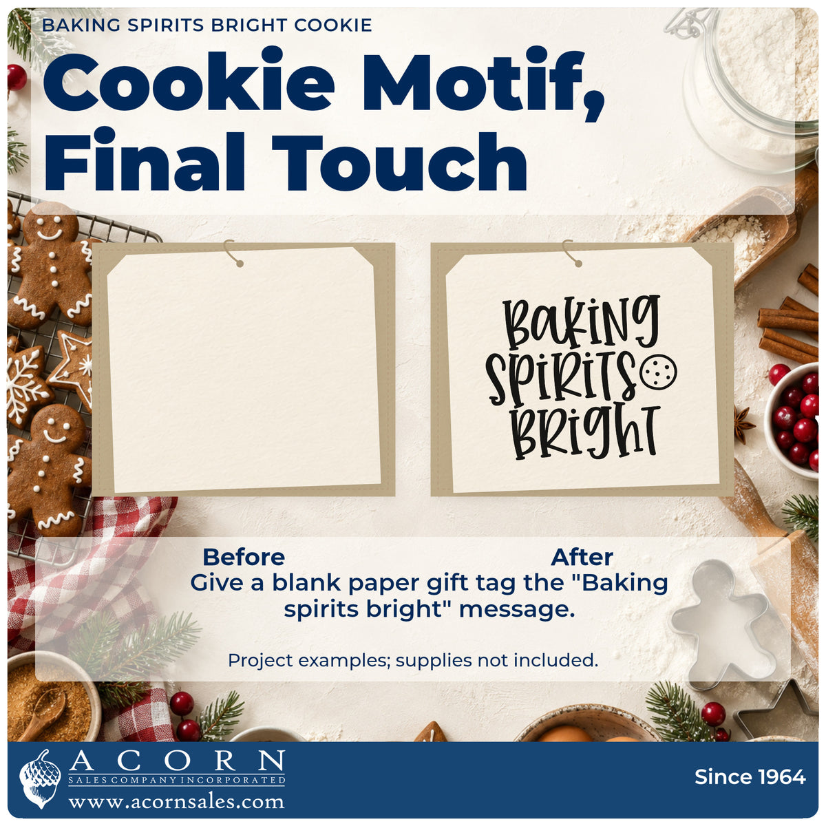 Before and after of a plain item finished with the Cookie And Baking Spirits Bright Stamp – Wood Handle, a quick upgrade for framed oven wall.
