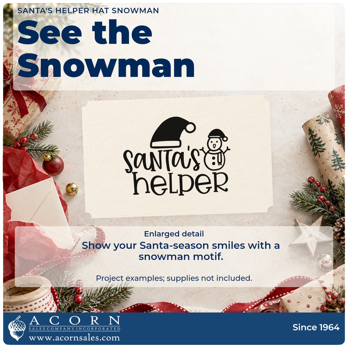 Enlarged detail of the Santa's Helper Hat Snowman Lettering Stamp – Self-Inking imprint. The words "Santa's helper" appear beneath a Santa hat beside a small snowman.