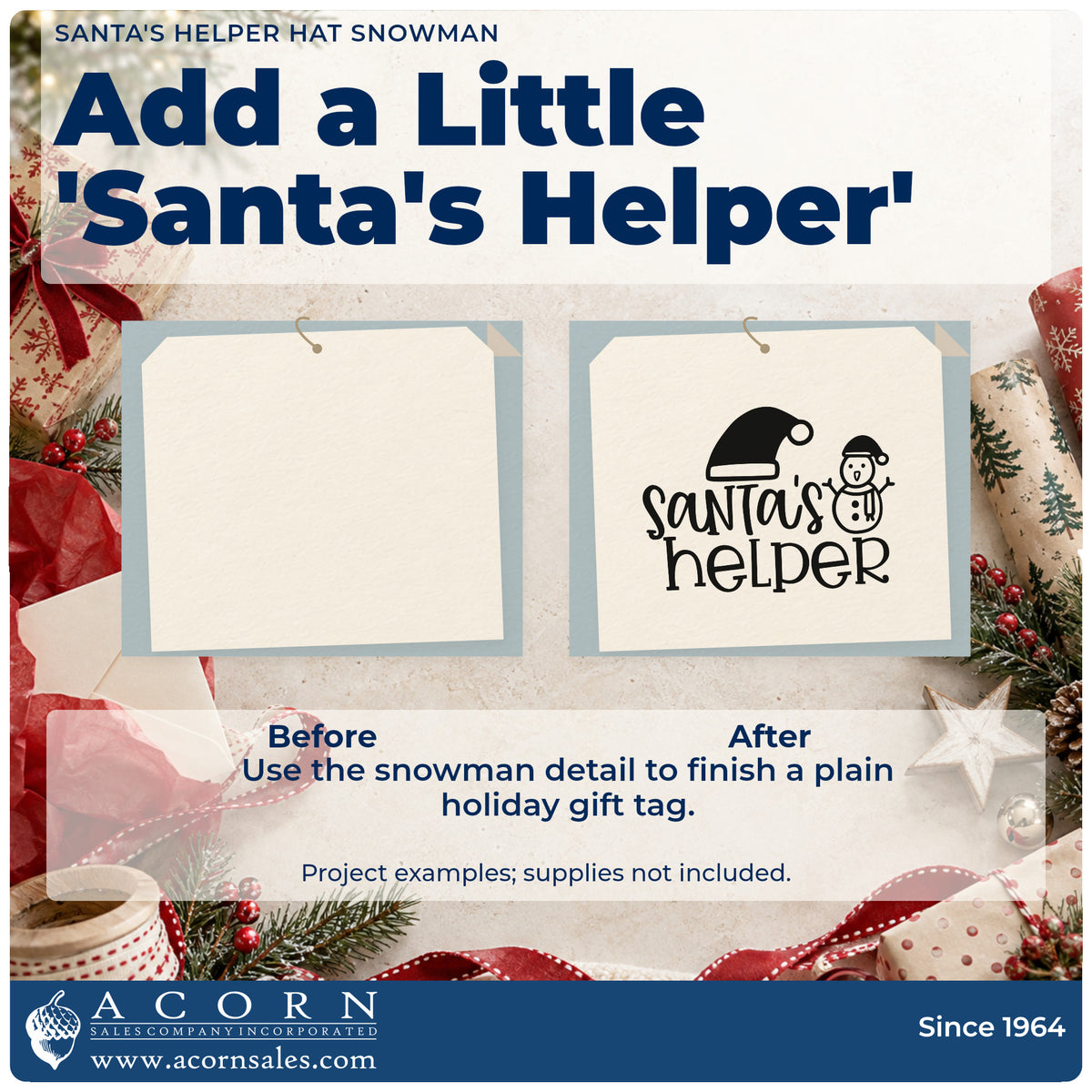 Before and after of a plain item finished with the Premium Wooden Santa's Helper Hat Snowman Lettering Stamp – Vintage Pro, a quick upgrade for mitten back printing.