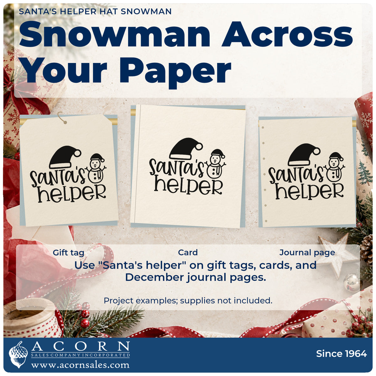 Three project examples made with the Santa's Helper Hat Snowman Lettering Duo Hand Stamp, including carrot nose tags.