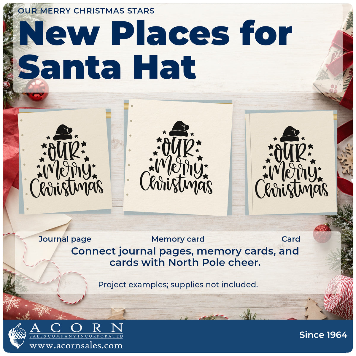Three project examples made with the Slim Pre-Inked Our Merry Christmas Stars Stamp, including priority pyramid sheet.