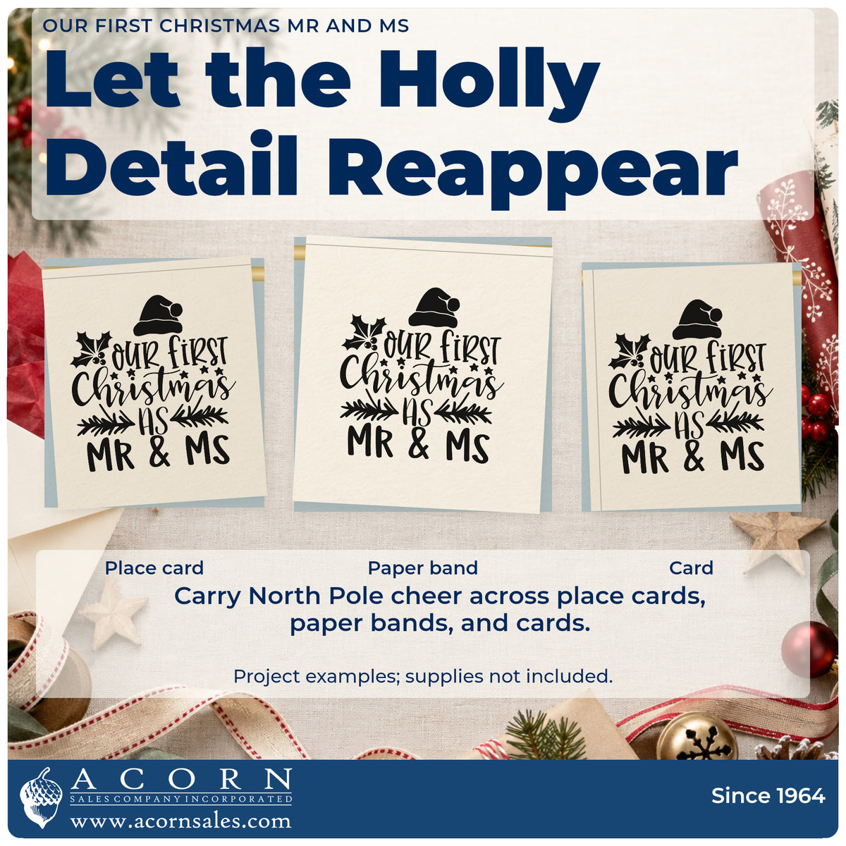 Three project examples made with the Our First Christmas As Mr & Ms Hand Stamp – Duo, including registry item tags.