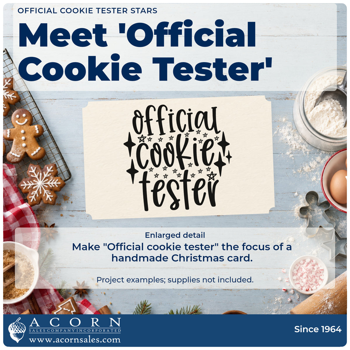 Enlarged detail of the Vintage Pro Official Cookie Tester Stars Premium Wooden Stamp imprint. The words "Official cookie tester" are surrounded by stars and sparkling diamond shapes.