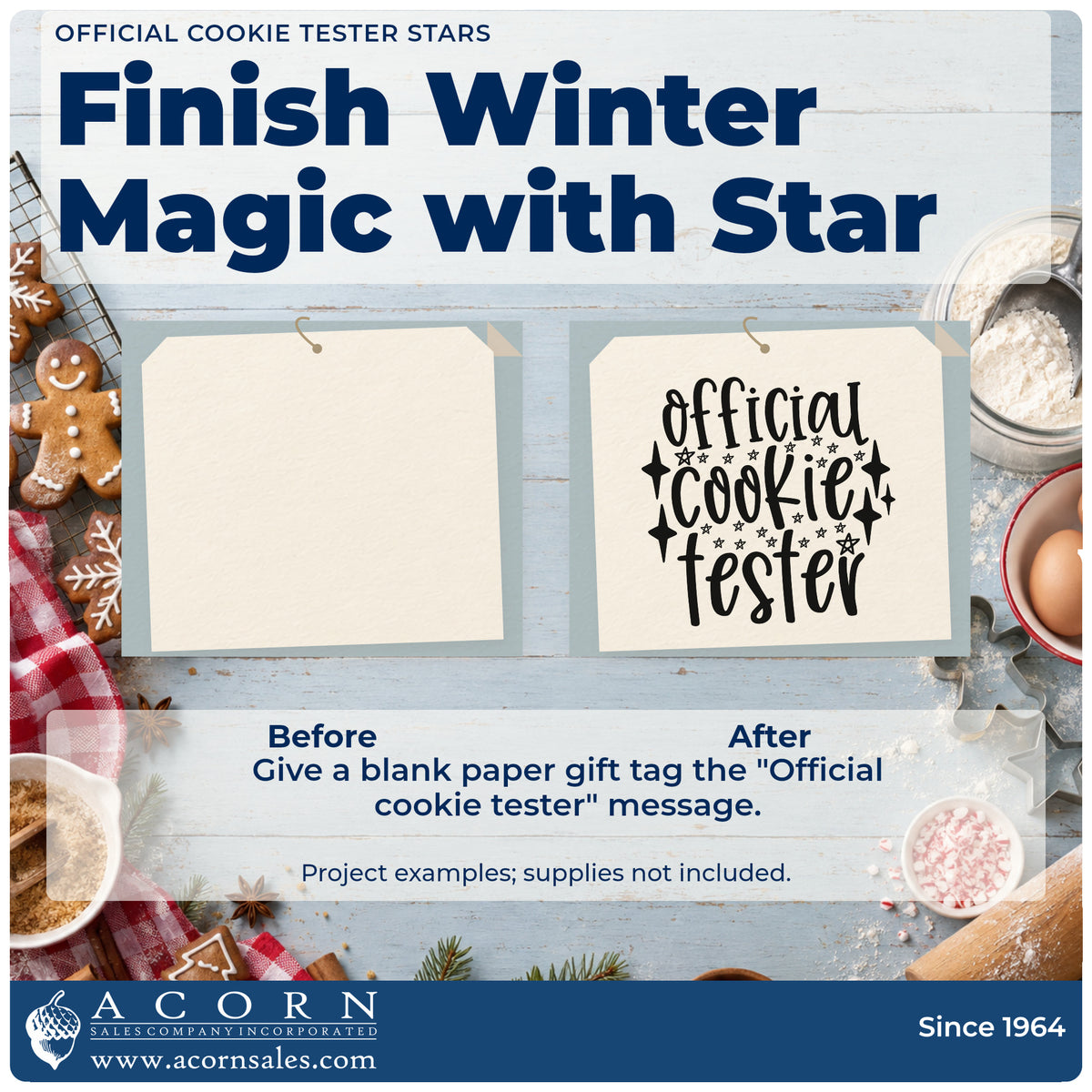 Before and after of a plain item finished with the Vintage Pro Official Cookie Tester Stars Premium Wooden Stamp, a quick upgrade for framed certificate wall.