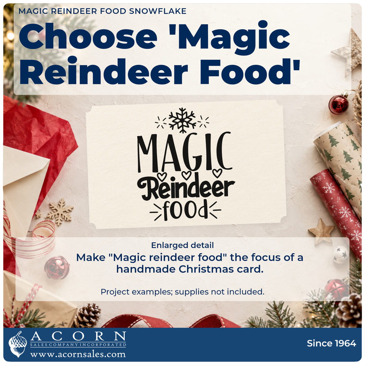 Enlarged detail of the Magic Reindeer Food Snowflake With Hearts Rubber Stamp – Duo Hand imprint. The words "Magic reindeer food" appear with a large snowflake, small hearts, and accent lines.
