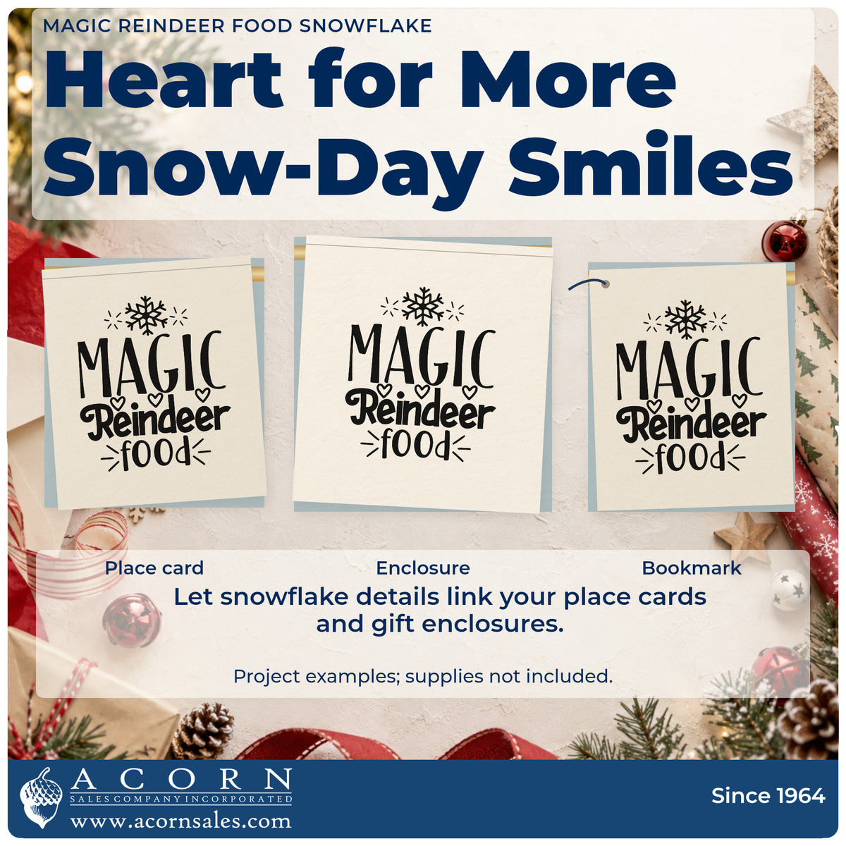 Three project examples made with the Wood Handle Magic Reindeer Food Snowflake With Hearts Rubber Stamp, including kit assembly sheet.