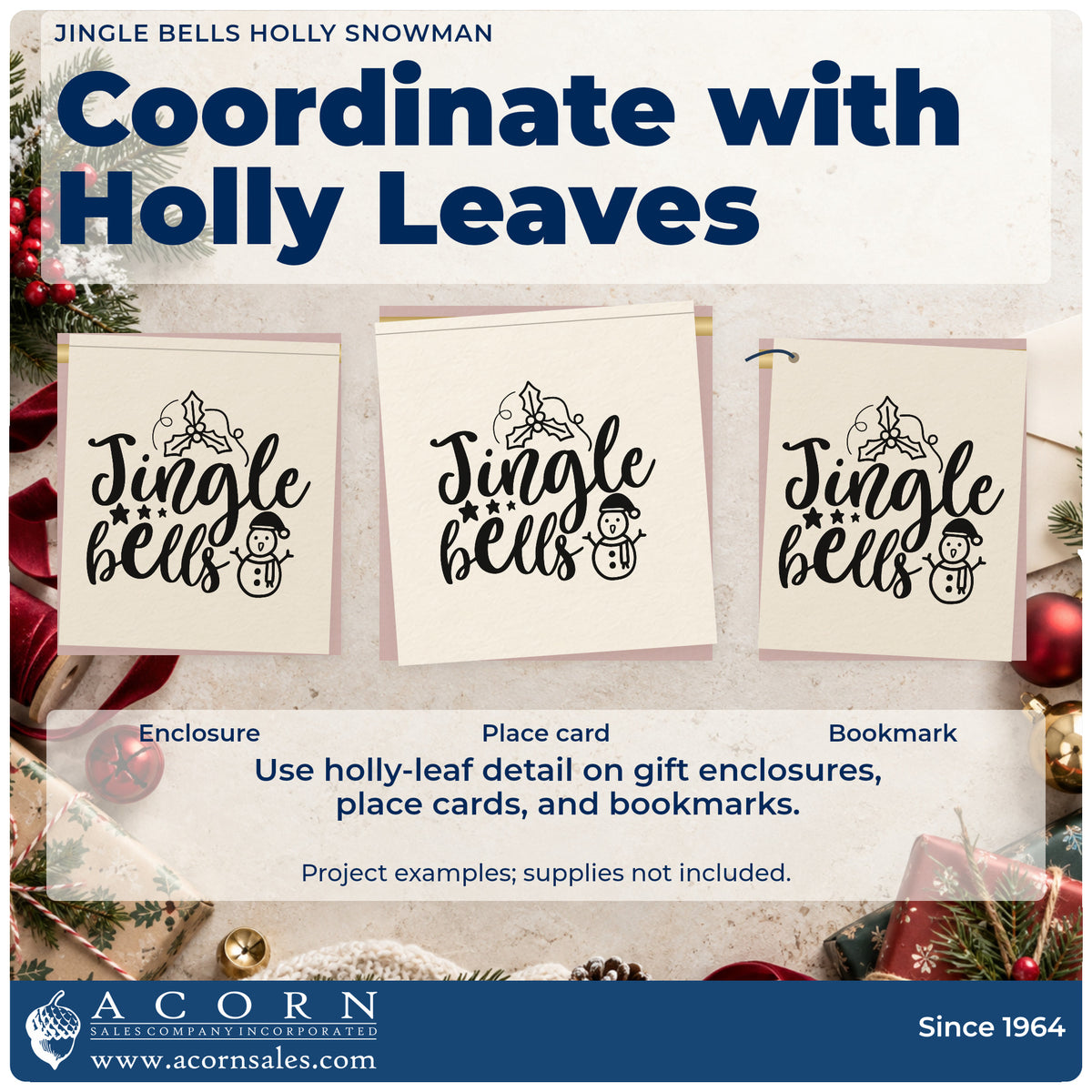 Three project examples made with the Jingle Bells Holly Snowman Premium Wooden Stamp – Vintage Pro, including route order sheet.
