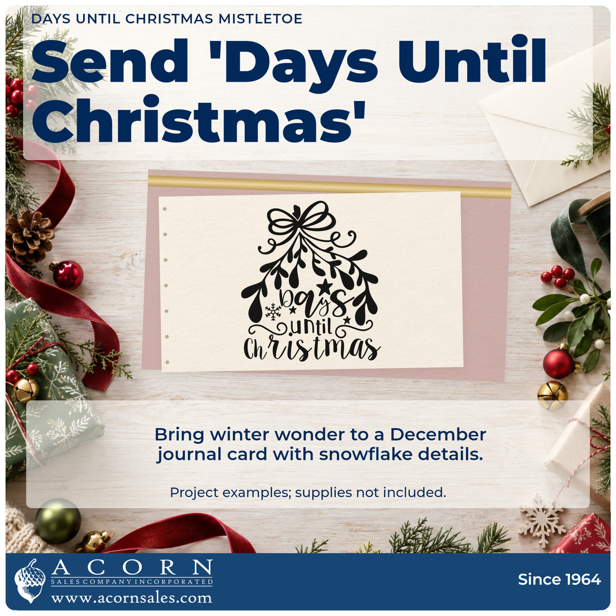 A finished handmade project stamped with the Days Until Christmas Mistletoe Botanical Sprig Stamp – Premium Vintage Pro Wooden, ideal for hanging album page.