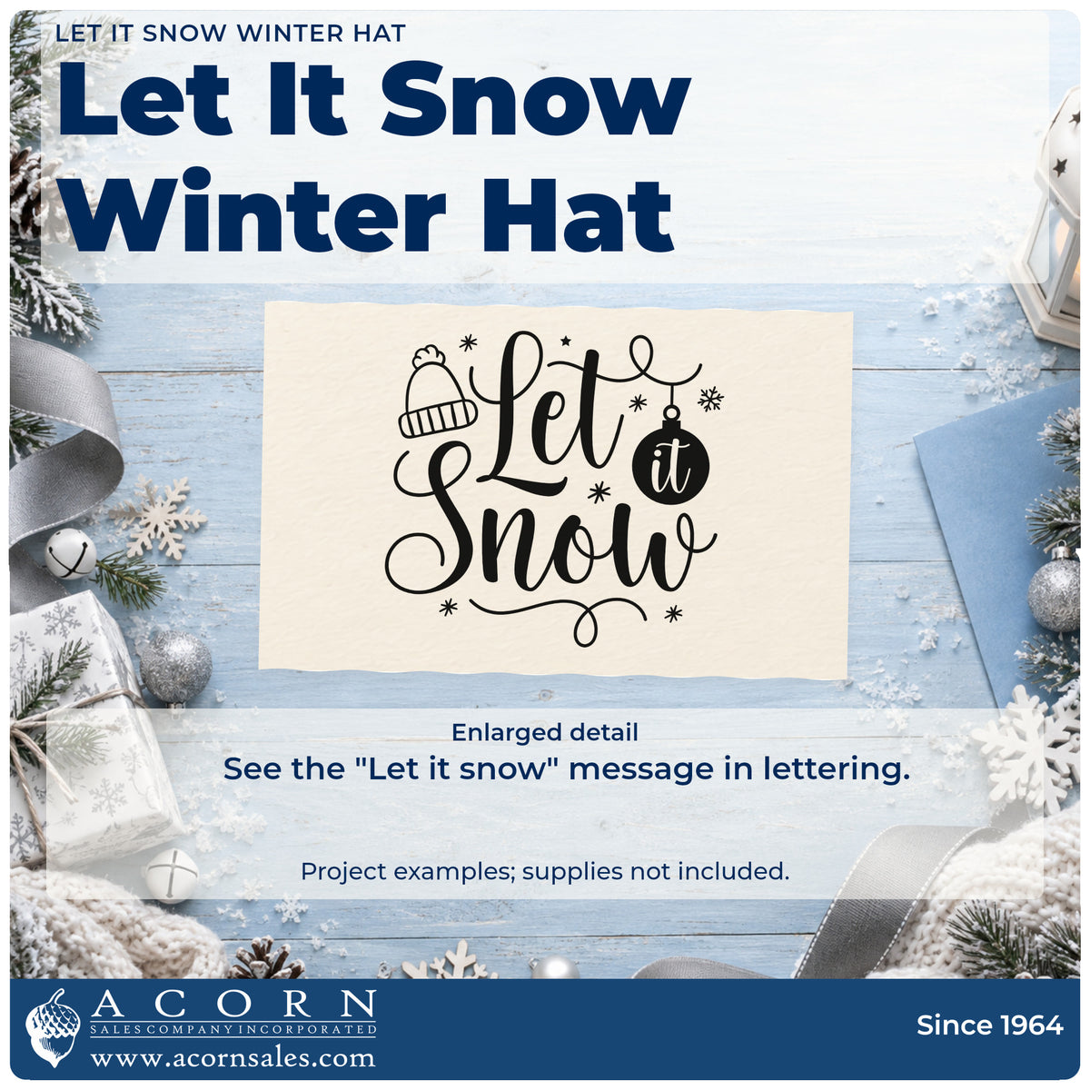 Enlarged detail of the Premium Wooden Let It Snow Winter Hat Snowflakes Stamp – Vintage Pro imprint. The words "Let it snow" include a knit cap, hanging ornament, snowflakes, and flourishes.
