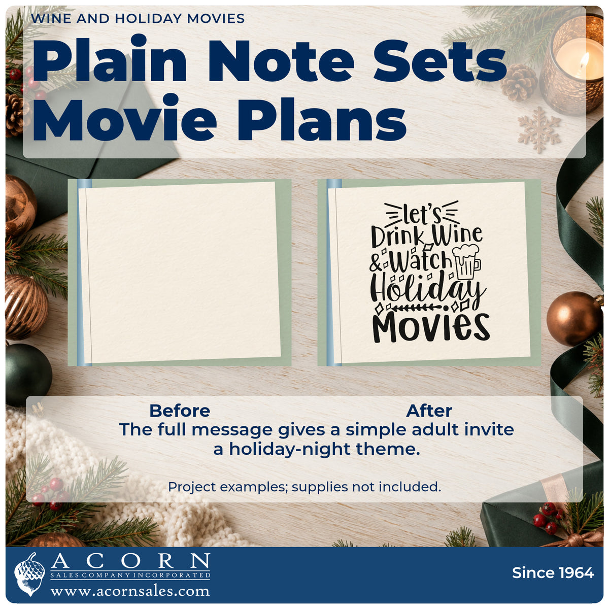 Before and after of a plain item finished with the Wine And Holiday Movies Duo Hand Stamp, a quick upgrade for throw corner printing.