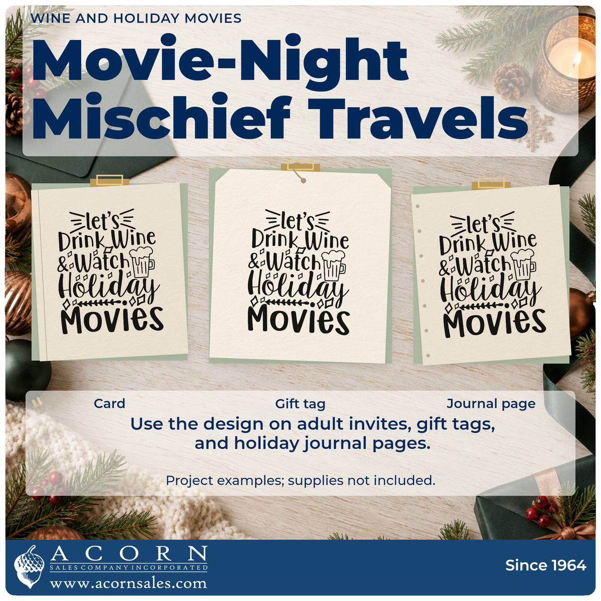 Three project examples made with the Wine And Holiday Movies Stamp – Premium Vintage Pro Wooden, including pairing bottle tags.
