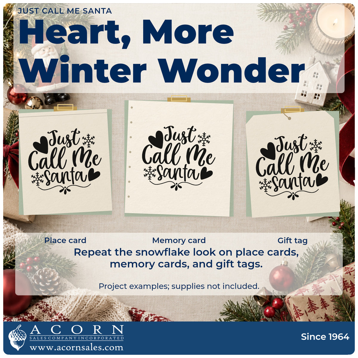 Three project examples made with the Slim Pre-Inked Just Call Me Santa Stamp, including shopping list sheet.
