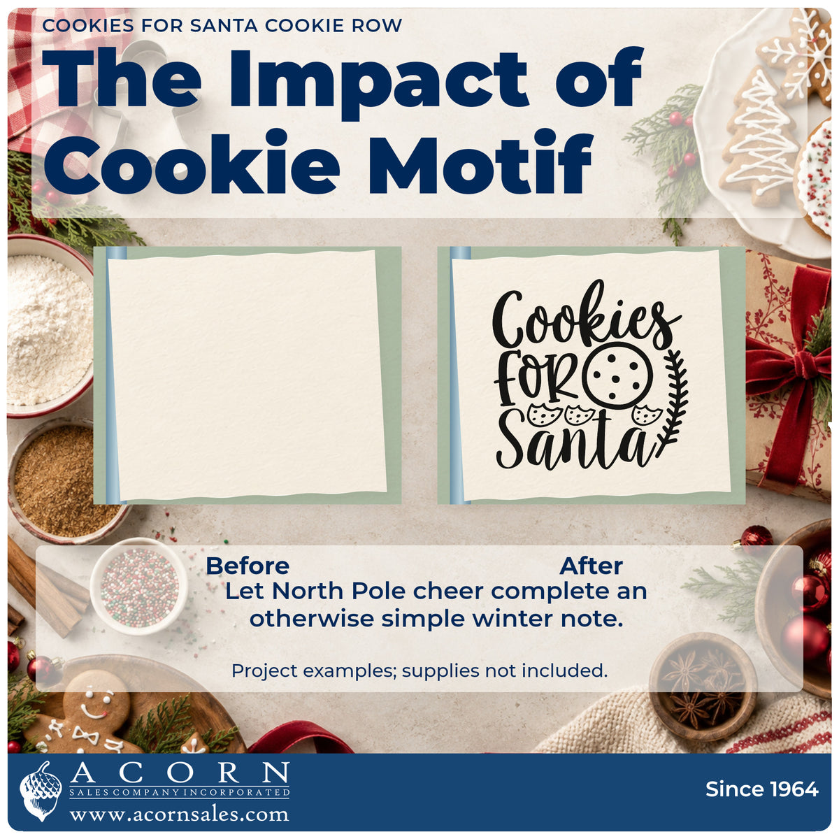 Before and after of a plain item finished with the Cookies For Santa Cookie Row Botanical Sprig Self-Inking Stamp, a quick upgrade for runner edge printing.