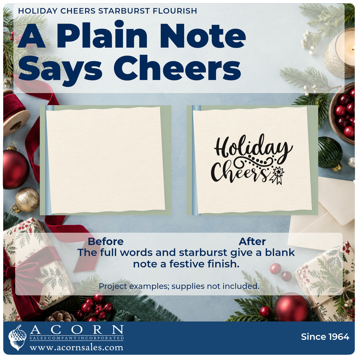 Before and after of a plain item finished with the Holiday Cheers Starburst Flourish Stamp – Duo Hand, a quick upgrade for framed sideboard ledge.