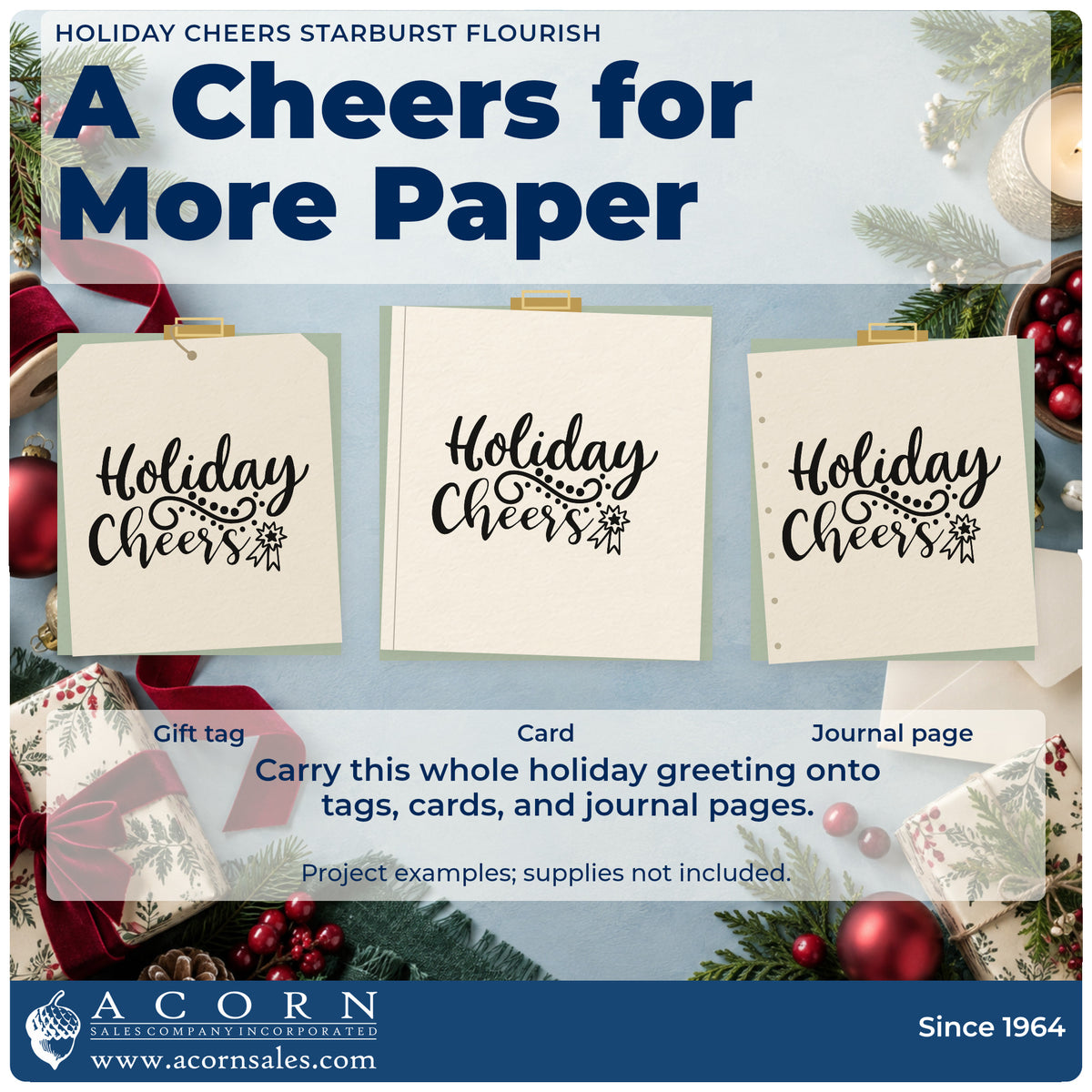Three project examples made with the Holiday Cheers Starburst Flourish Rubber Stamp – Wood Handle, including guest count sheet.