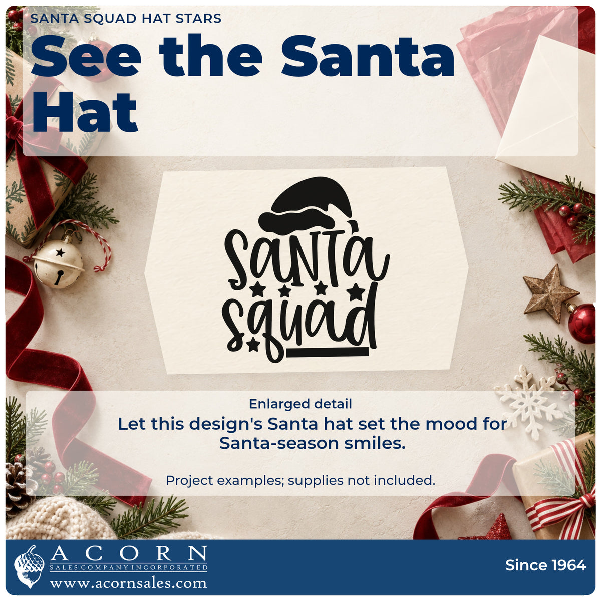 Enlarged detail of the Santa Squad Hat Stars Lettering Pre-Inked Stamp – Slim imprint. The words "Santa squad" sit below a Santa hat with a row of stars.