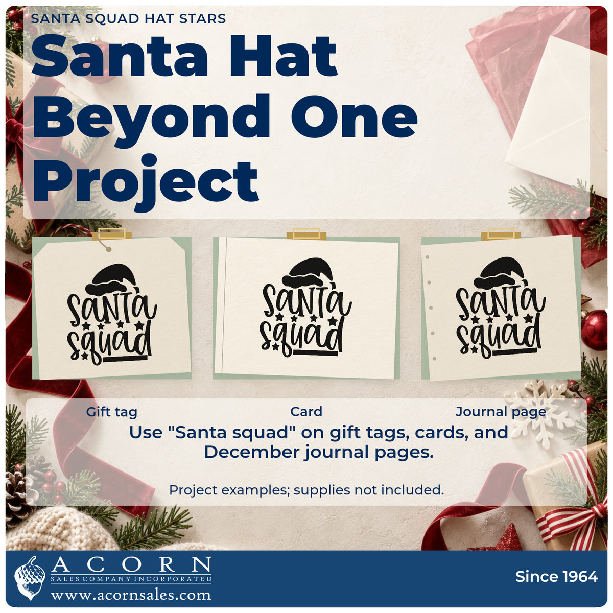 Three project examples made with the Santa Squad Hat Stars Lettering PSI Pre-Inked Stamp, including roll call sheet.