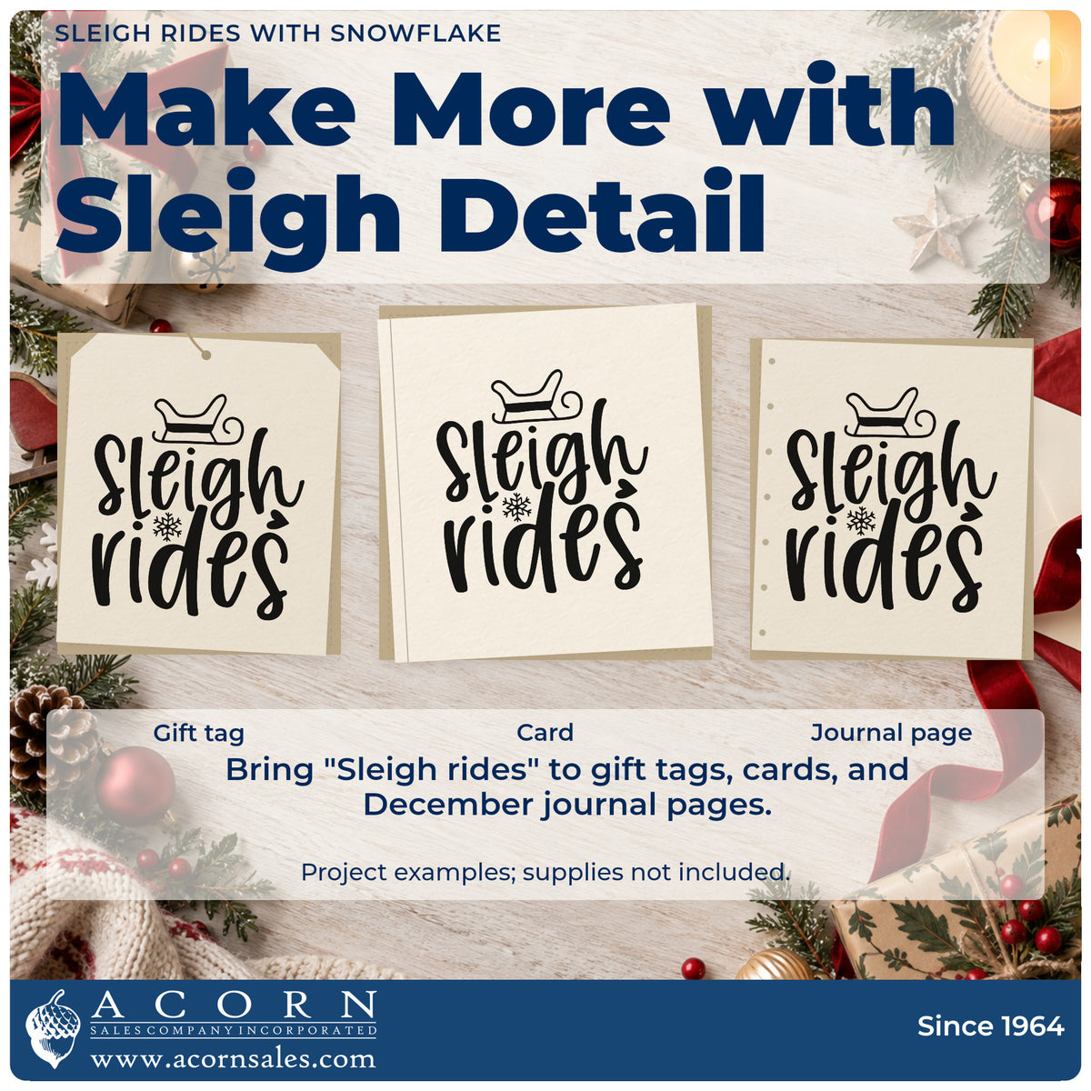 Three project examples made with the Sleigh Rides With Snowflake Wood Handle Stamp, including activity menu sheet.