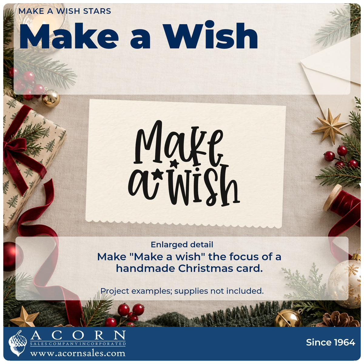 Enlarged detail of the Make A Wish PSI Pre-Inked Stamp imprint. The words "Make a wish" stack in playful lettering with three small stars.