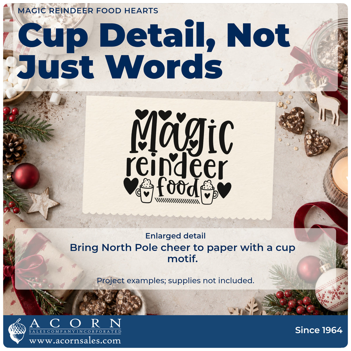 Enlarged detail of the Magic Reindeer Food Hearts Pre-Inked Stamp – PSI imprint. The words "Magic reindeer food" appear with hearts and two whipped cocoa mugs.