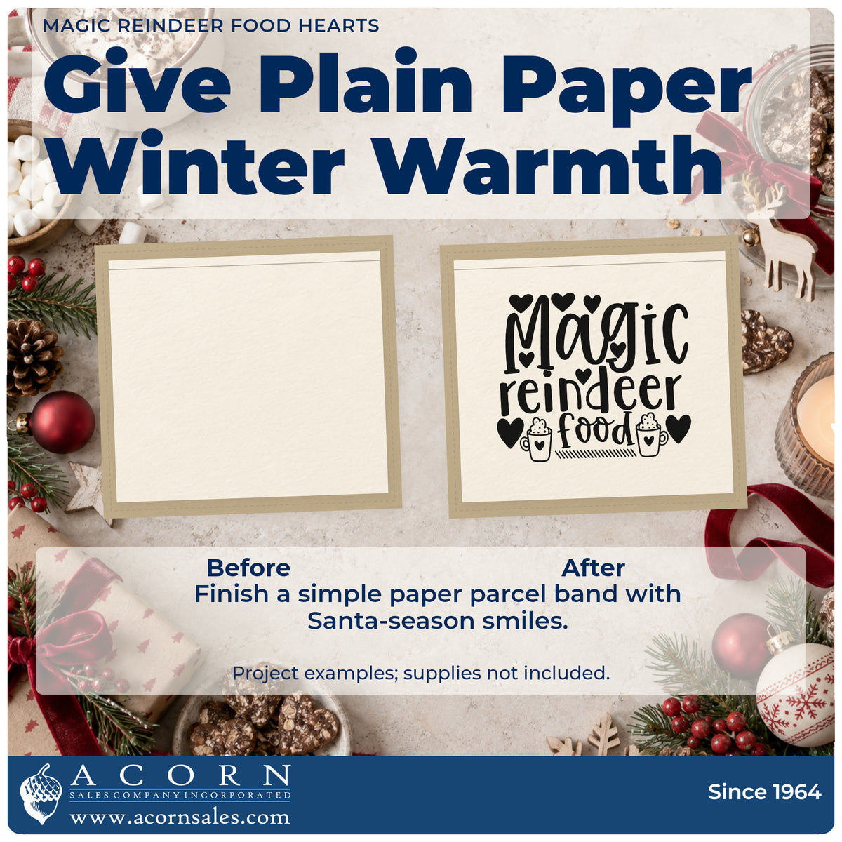 Before and after of a plain item finished with the Magic Reindeer Food Hearts Slim Pre-Inked Stamp, a quick upgrade for framed station back.