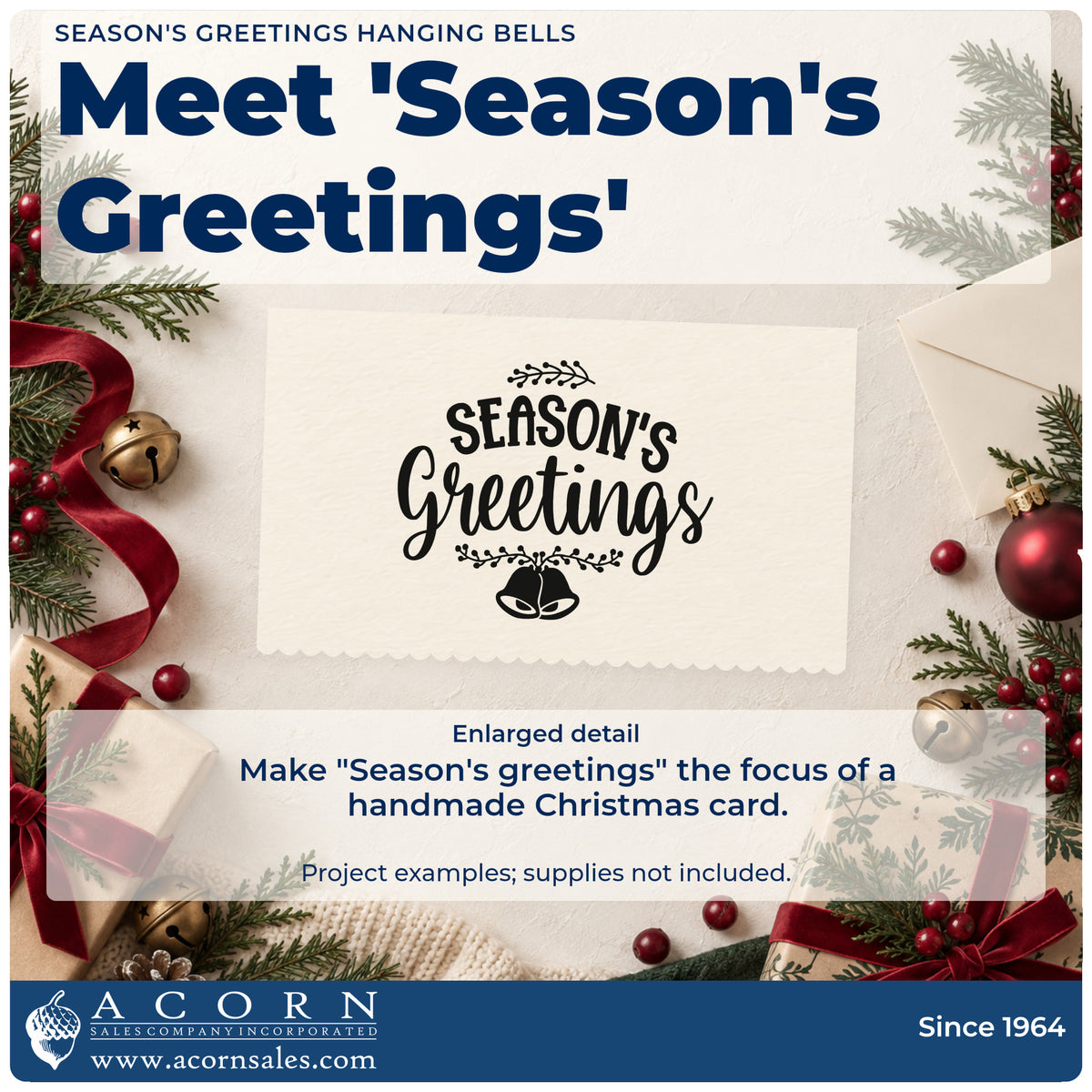 Enlarged detail of the Season's Greetings Hanging Bells Rubber Stamp – Duo Hand imprint. The words "Season's greetings" appear between leafy sprigs above two hanging bells.