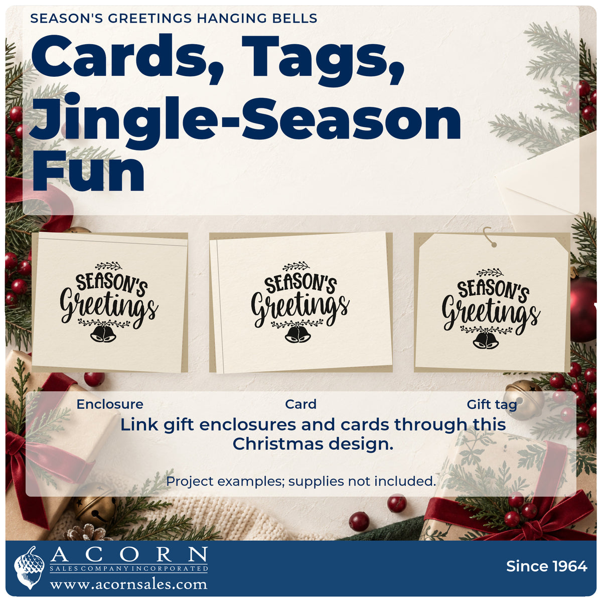 Three project examples made with the Season's Greetings Hanging Bells Rubber Stamp – Duo Hand, including footer rule sheet.