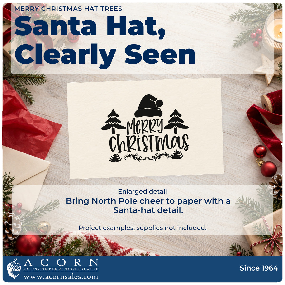 Enlarged detail of the Merry Christmas Hat Trees Pine Motif Duo Hand Stamp imprint. A Santa hat tops "Merry Christmas," with trees on both sides and evergreen flourishes below.