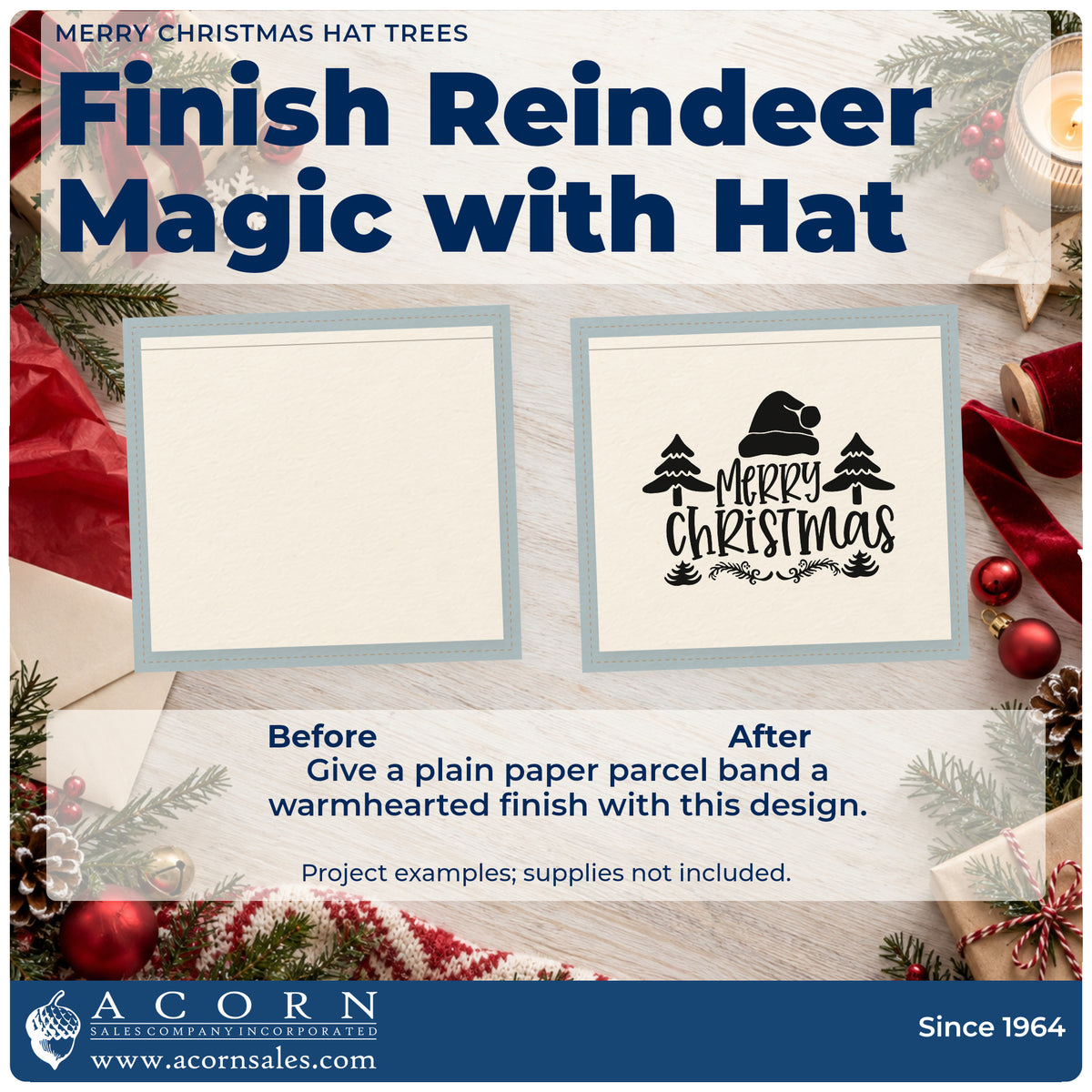Before and after of a plain item finished with the Merry Christmas Hat Trees Pine Motif Premium Wooden Stamp – Vintage Pro, a quick upgrade for framed full border.
