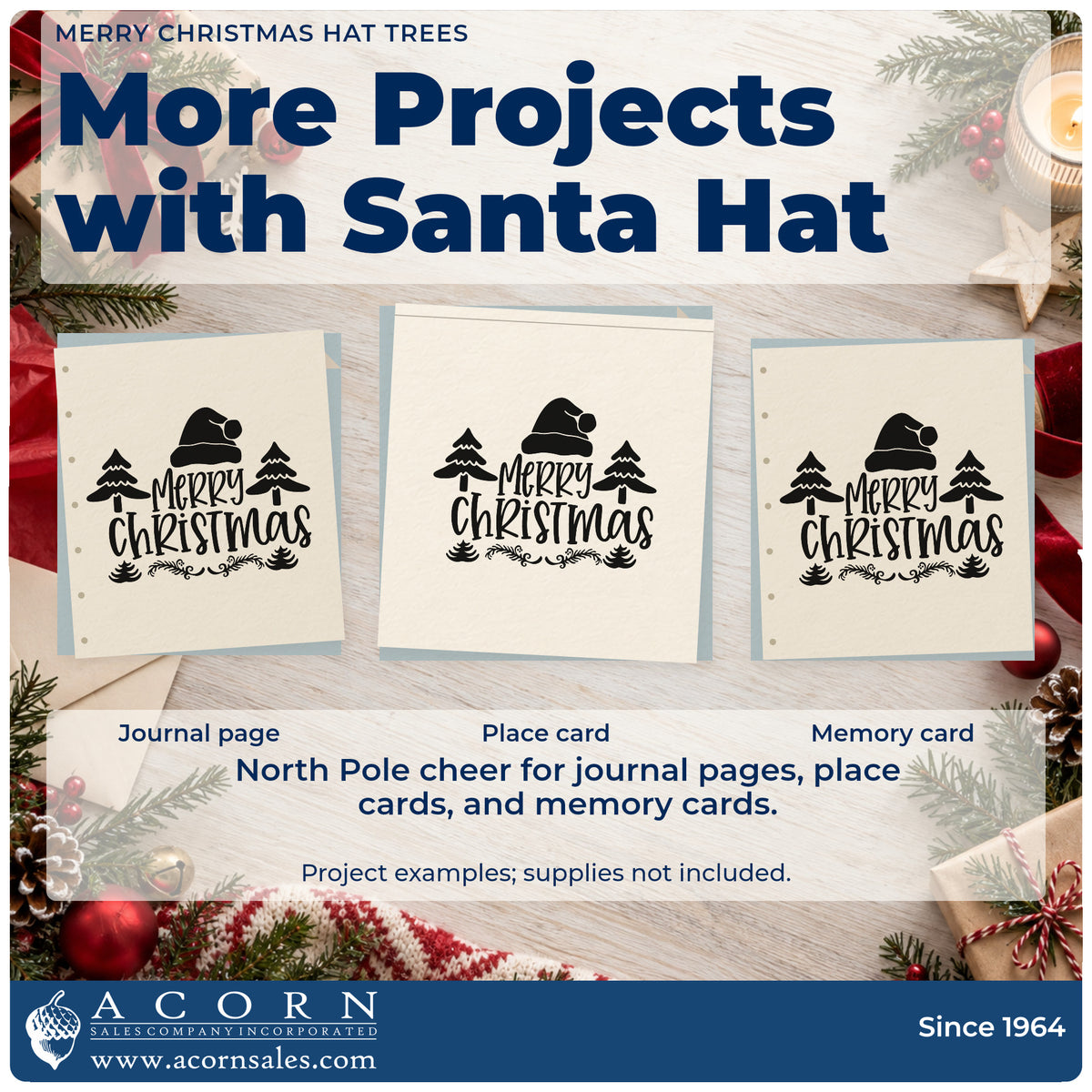 Three project examples made with the Merry Christmas Hat Trees Pine Motif Duo Hand Stamp, including boxed note sheet.