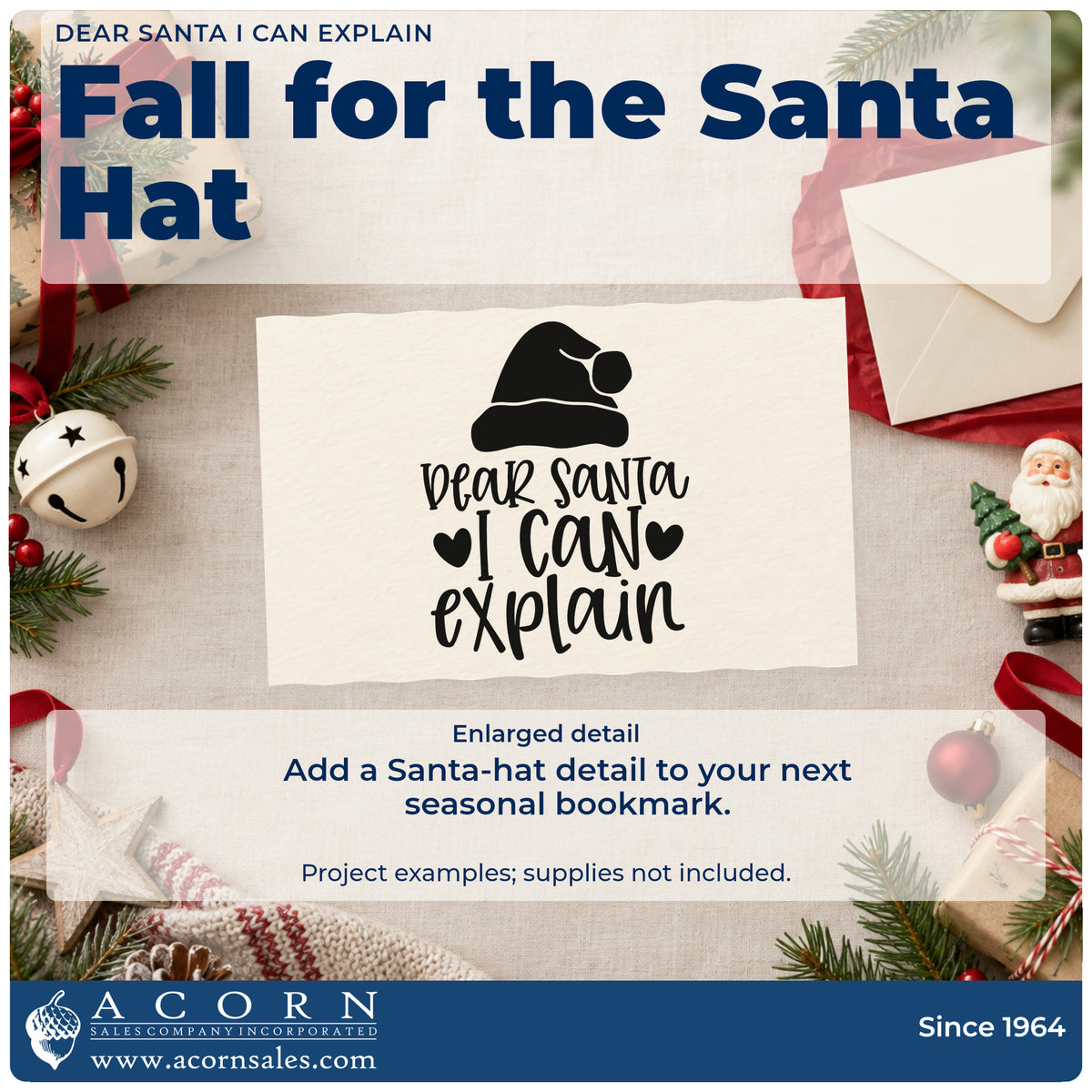 Enlarged detail of the Dear Santa I Can Explain Hat Rubber Stamp – Duo Hand imprint. The words "Dear Santa I can explain" appear below a Santa hat between two hearts.