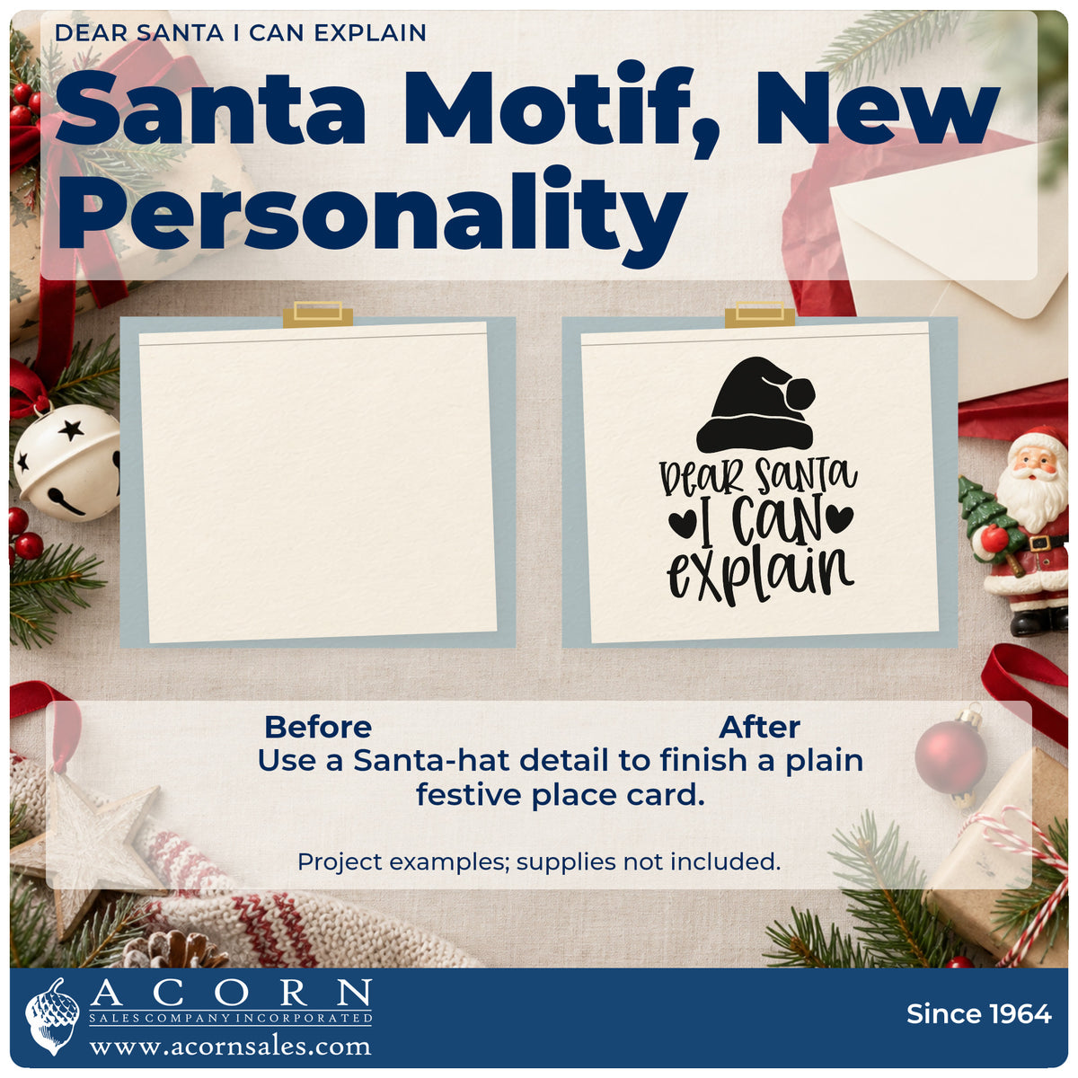Before and after of a plain item finished with the Dear Santa I Can Explain Hat Premium Wooden Stamp – Vintage Pro, a quick upgrade for framed bedside note.