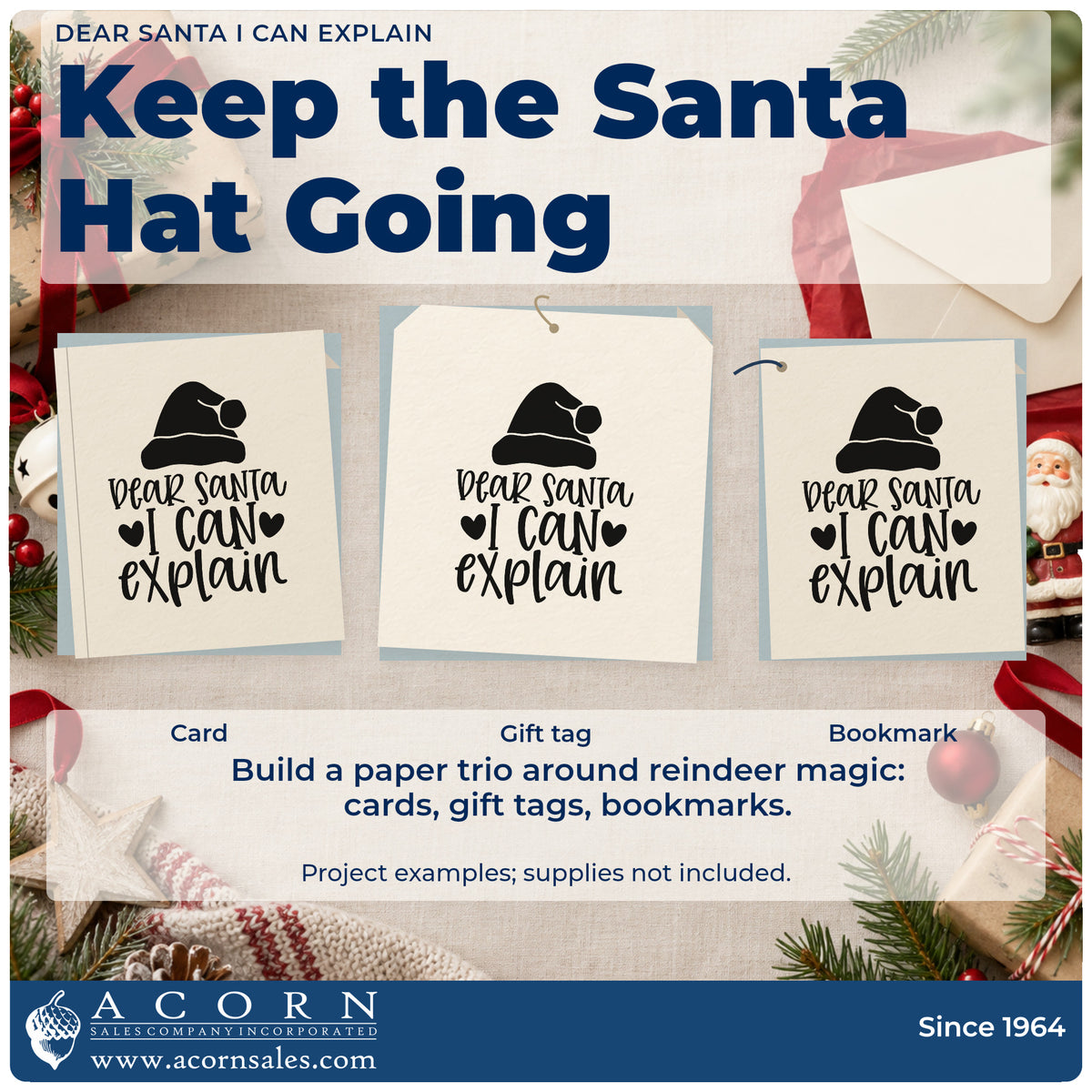 Three project examples made with the Dear Santa I Can Explain Hat Self-Inking Craft Stamp, including amends list sheet.