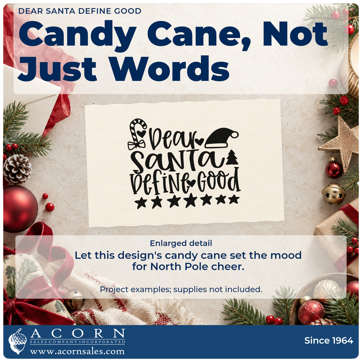 Enlarged detail of the Dear Santa Define Good Candy Cane Self-Inking Stamp imprint. The phrase "Dear Santa define good" includes a candy cane, Santa hat, tree, and a row of stars.