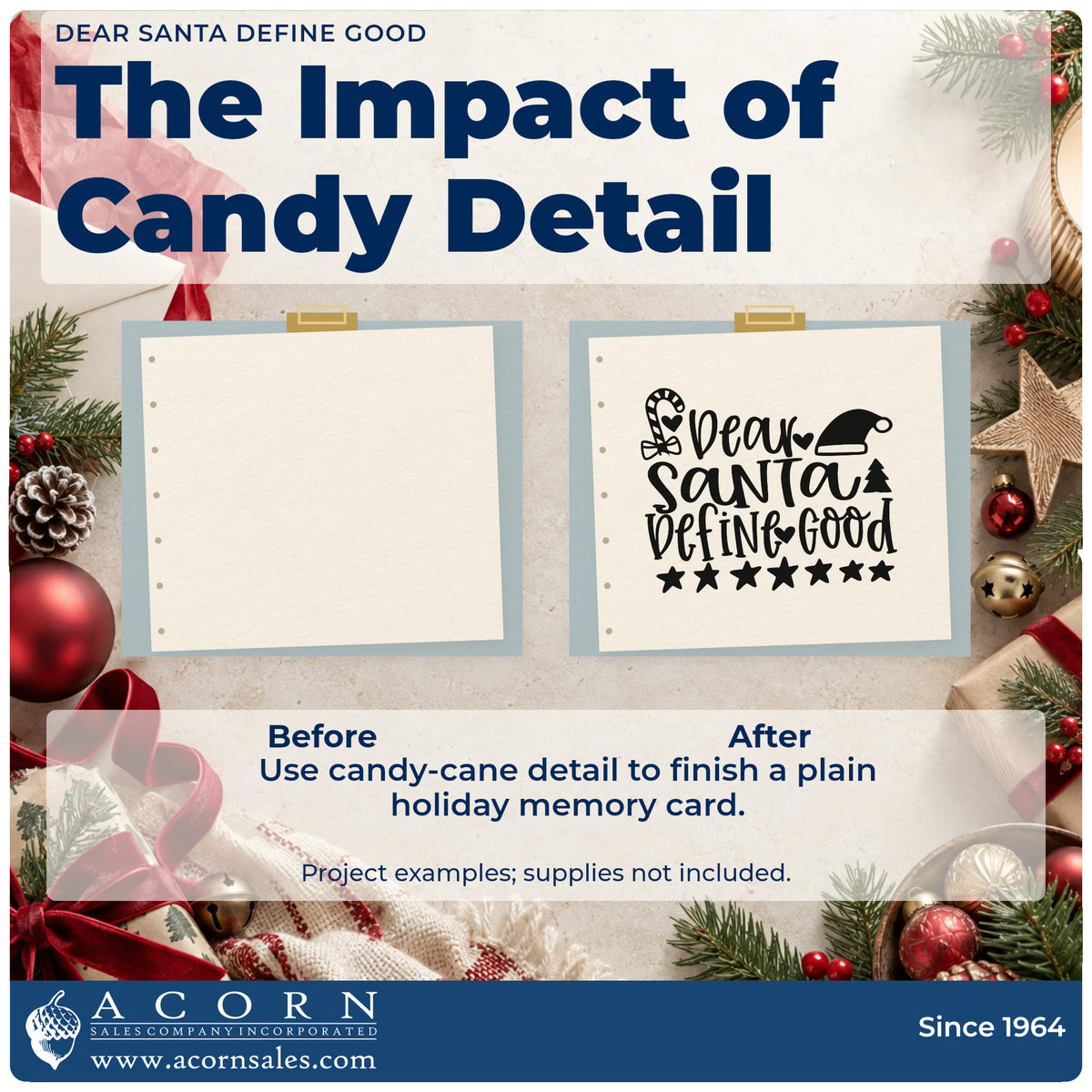 Before and after of a plain item finished with the Dear Santa Define Good Candy Cane Pre-Inked Stamp – Slim, a quick upgrade for sock cuff printing.
